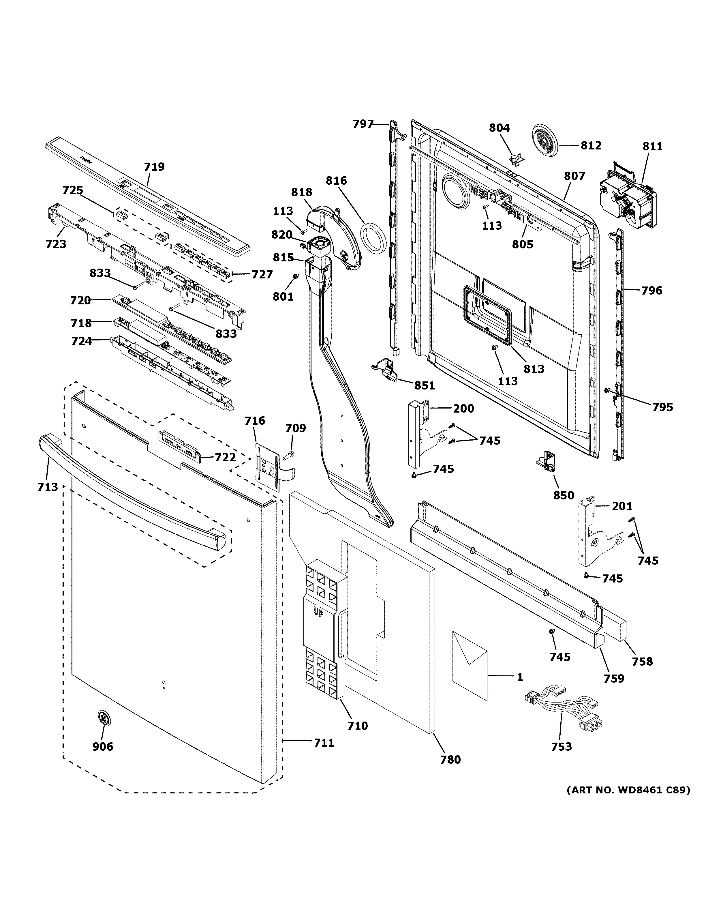 GE PDT845SBL3TS escutcheon & door assembly diagram
