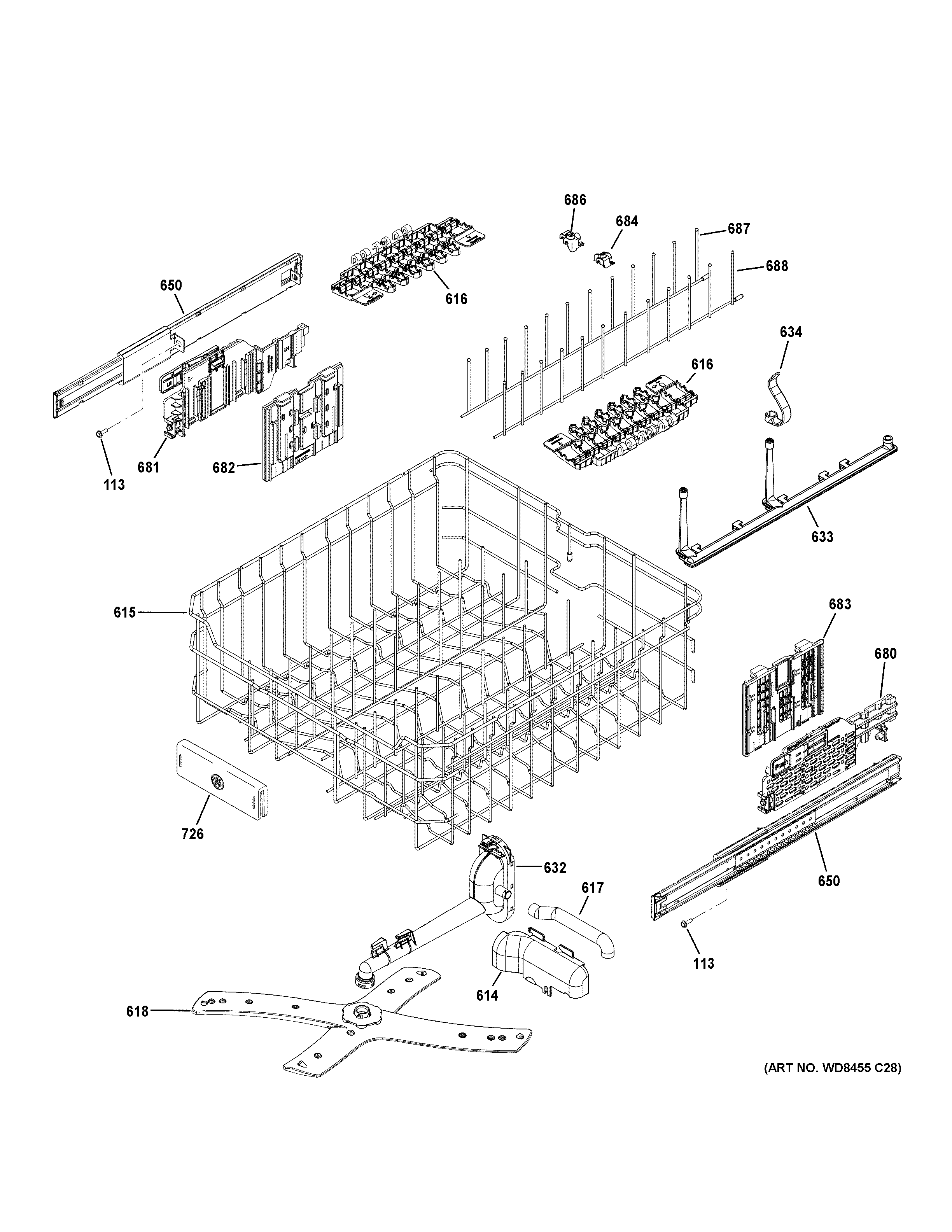 GE PDT845SBL3TS upper rack assembly diagram