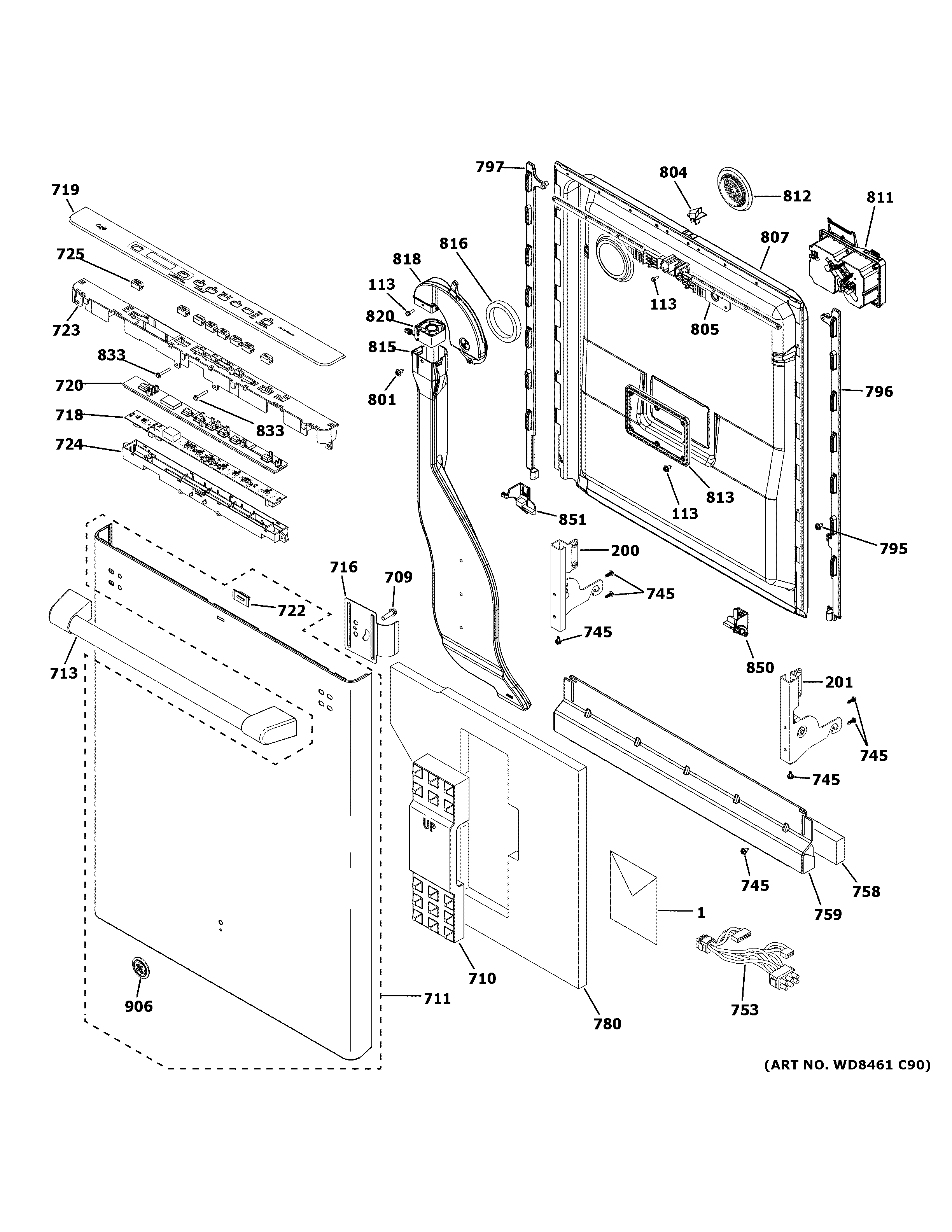 GE CDT835SMJ5DS escutcheon & door assembly diagram