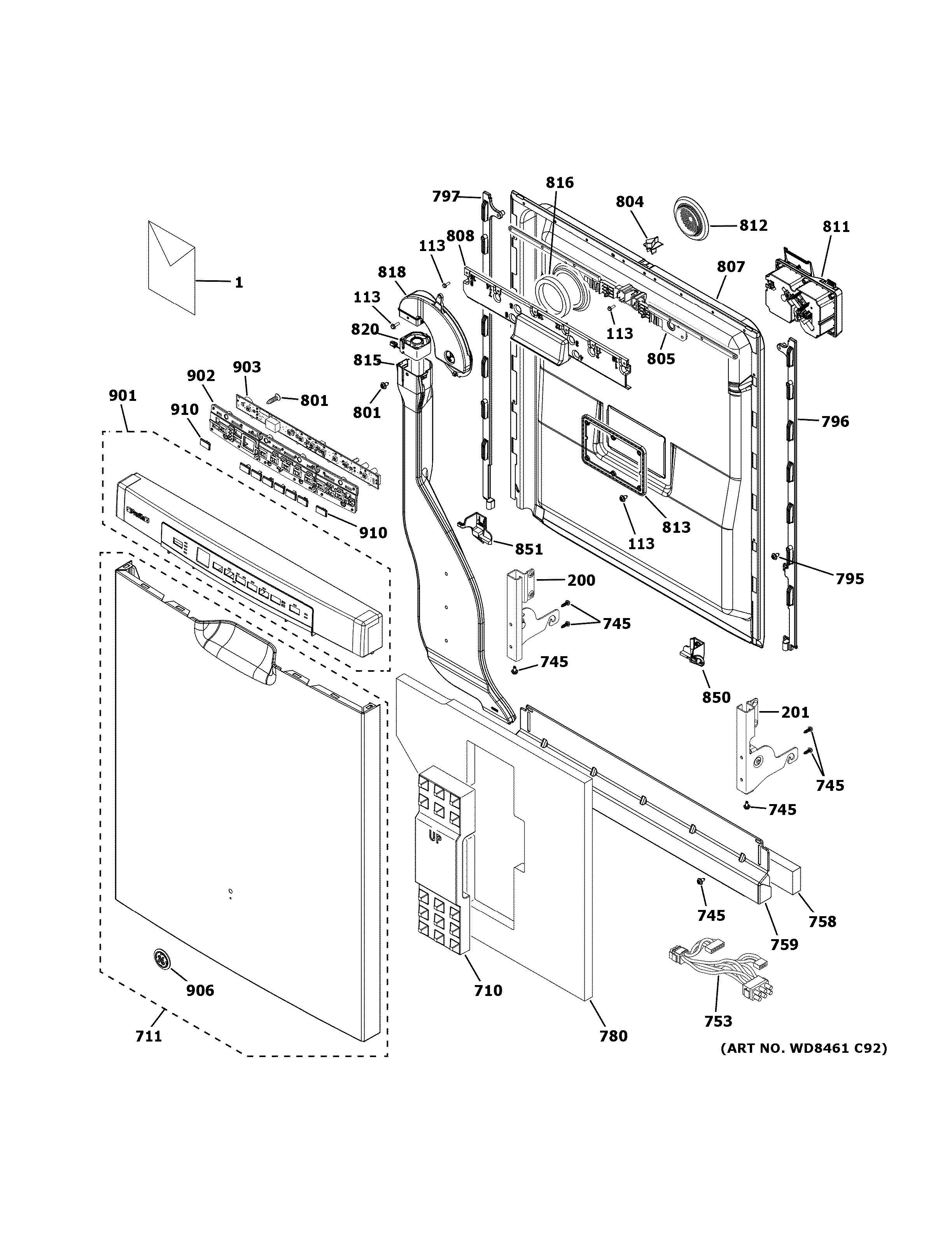 GE PDF820SGJ5WW escutcheon & door assembly diagram