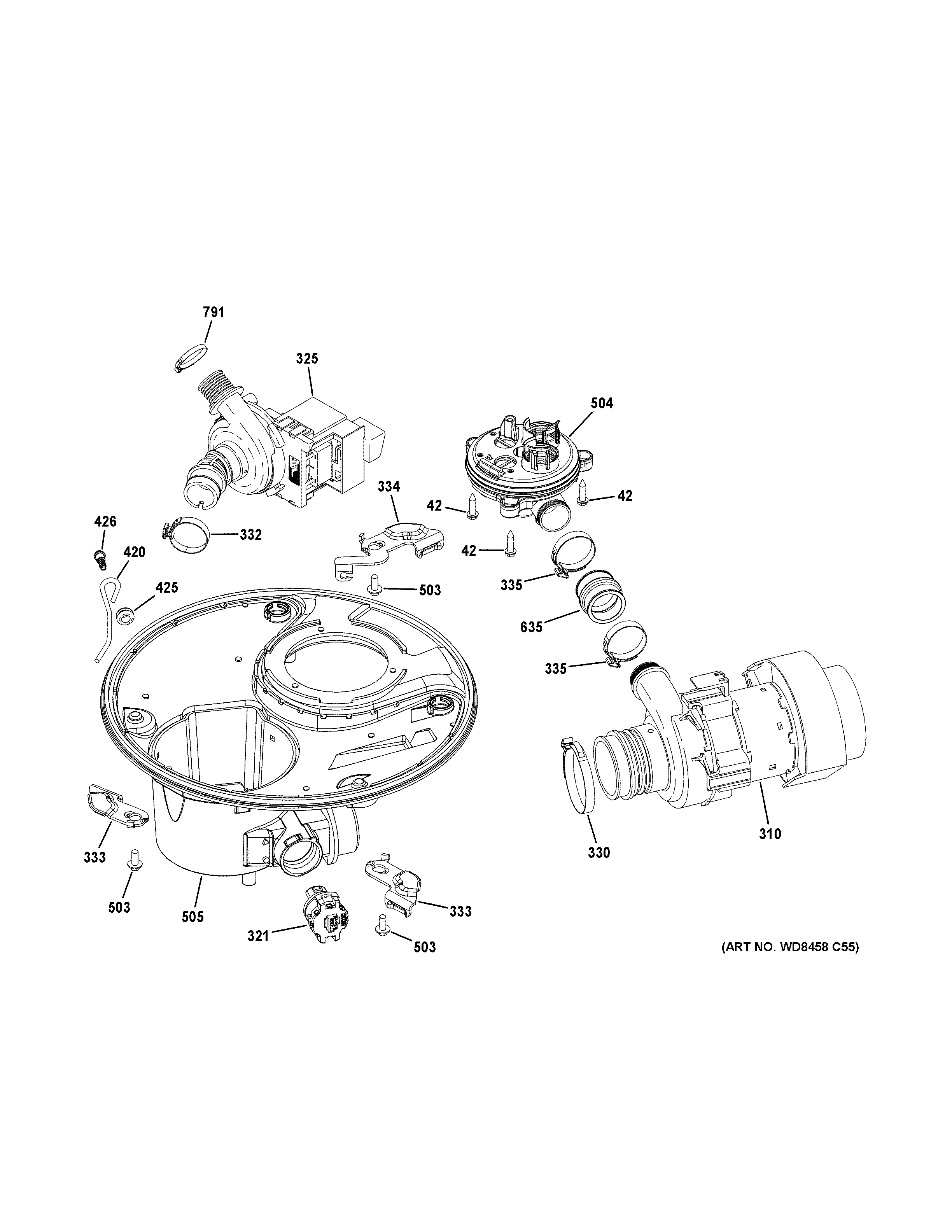 GE PDF820SGJ5WW sump & motor mechanism diagram