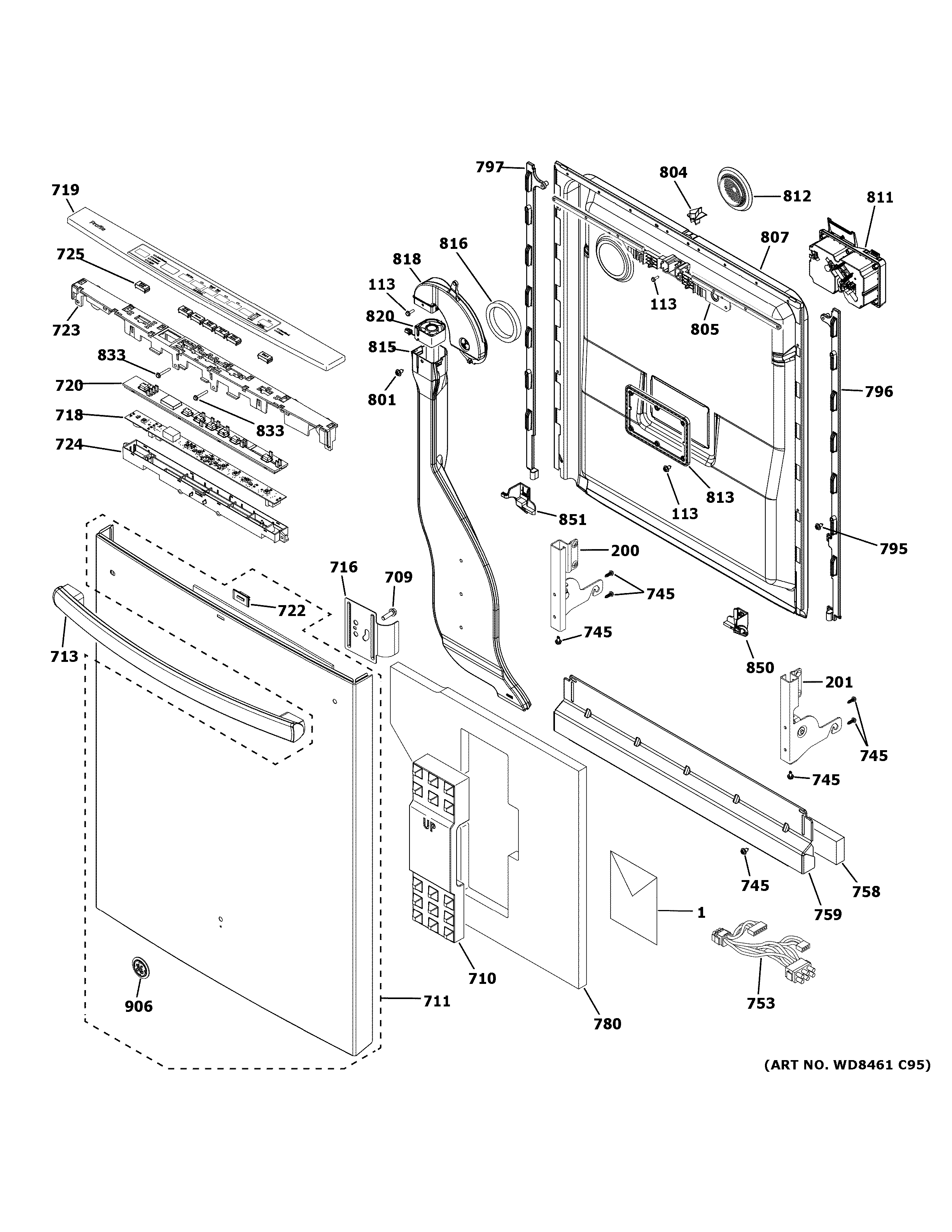 GE PDT825SGJ5BB escutcheon & door assembly diagram