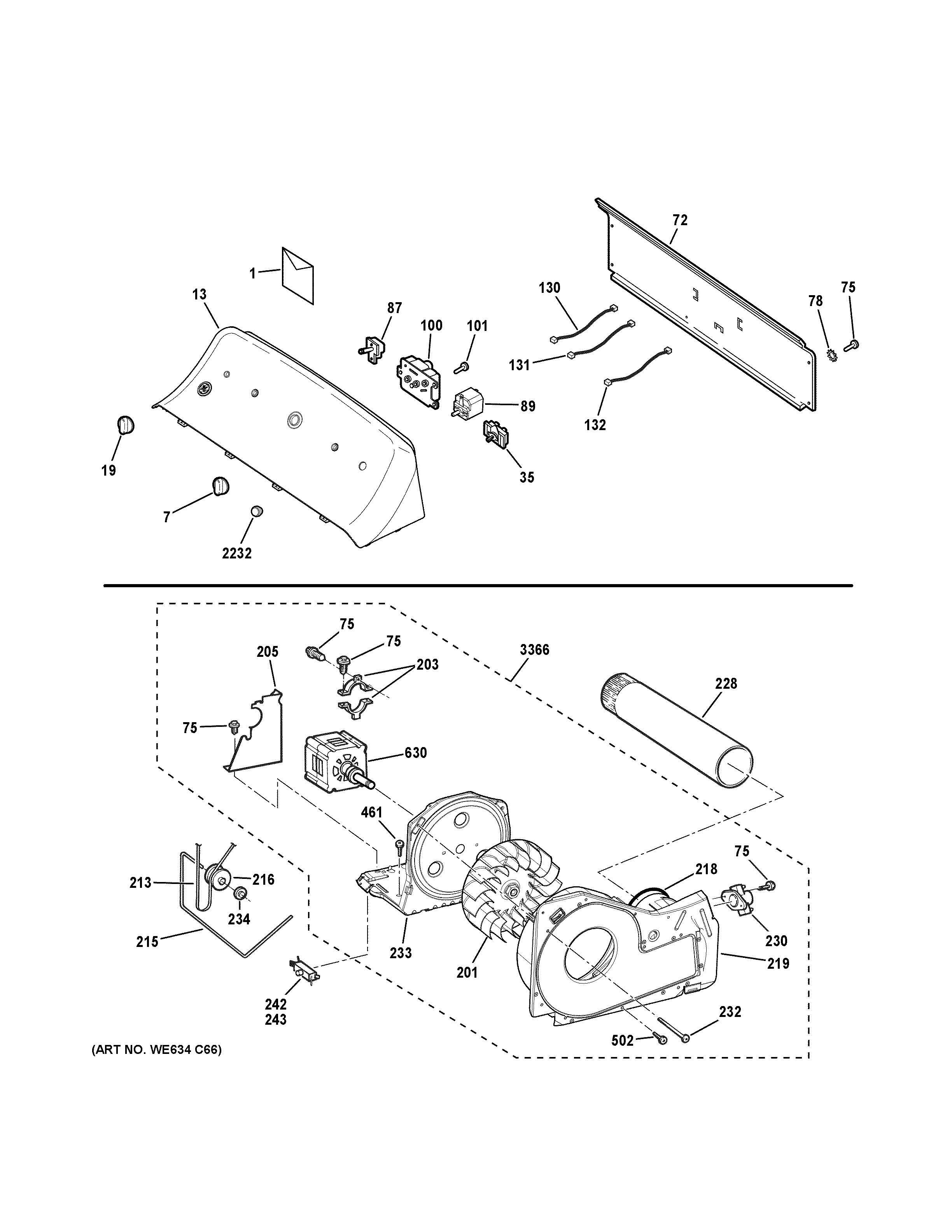GE GTD33EASK0WW backsplash, blower & motor assembly diagram