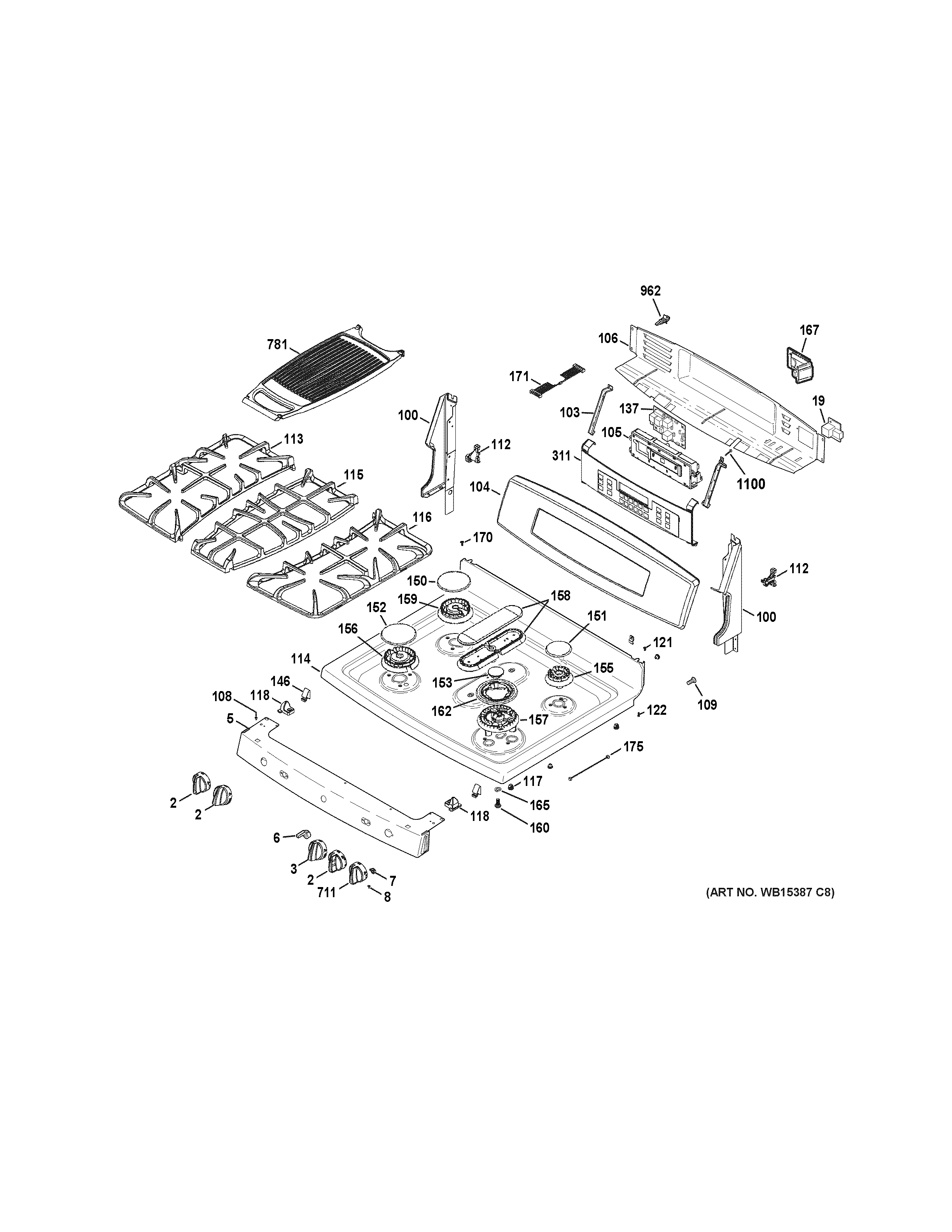 GE PGB950DEF1WW control panel & cooktop diagram