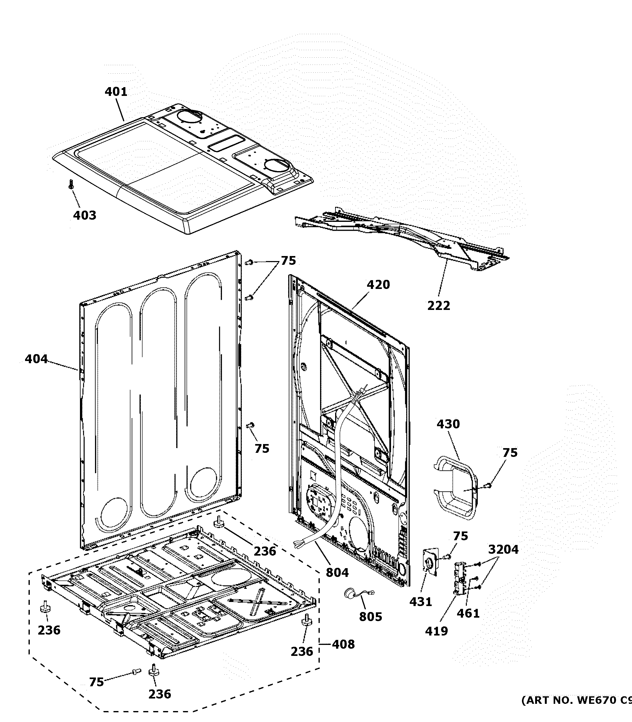 GE VTD52EASR0WB cabinet & top panel diagram