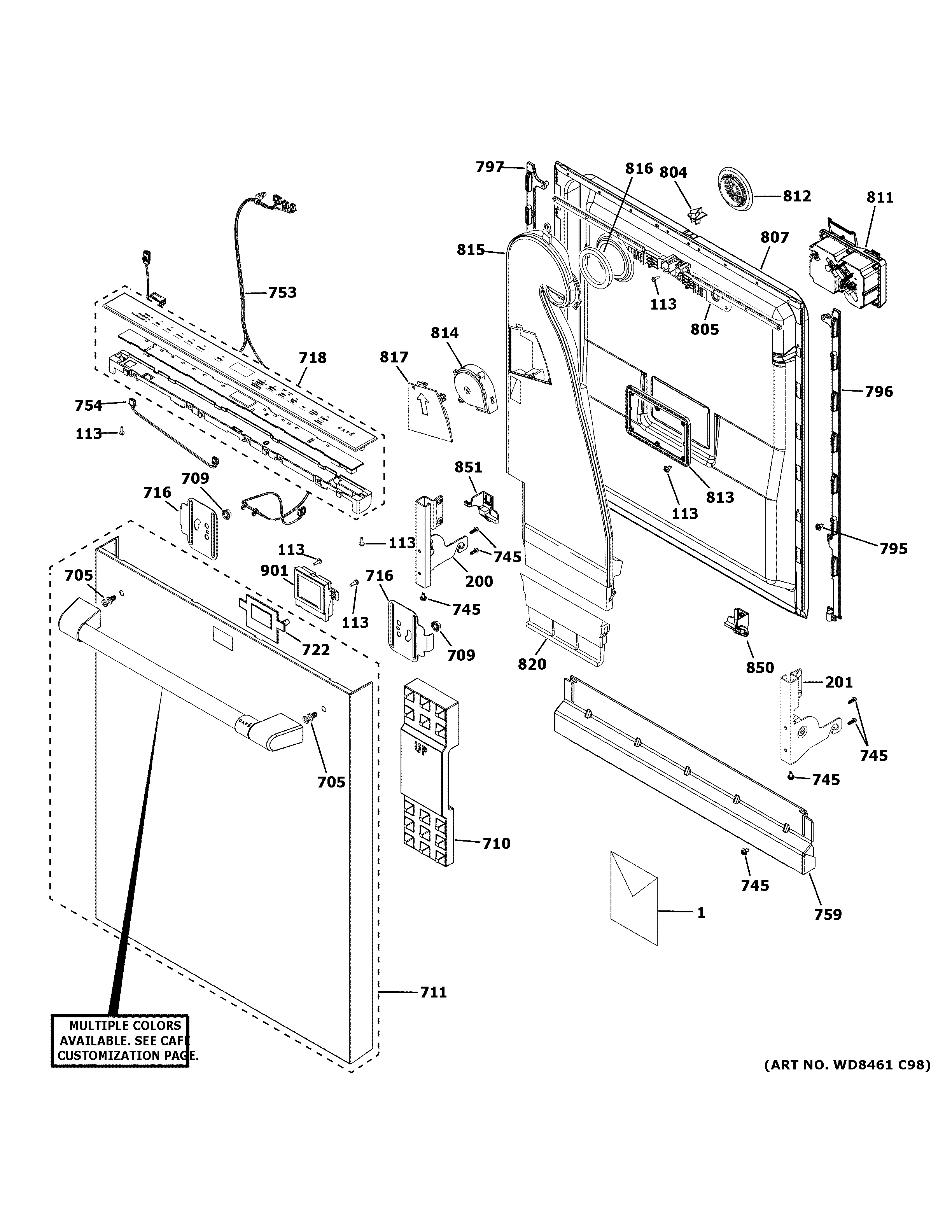 GE CDT855P2N0S1 escutcheon & door assembly diagram
