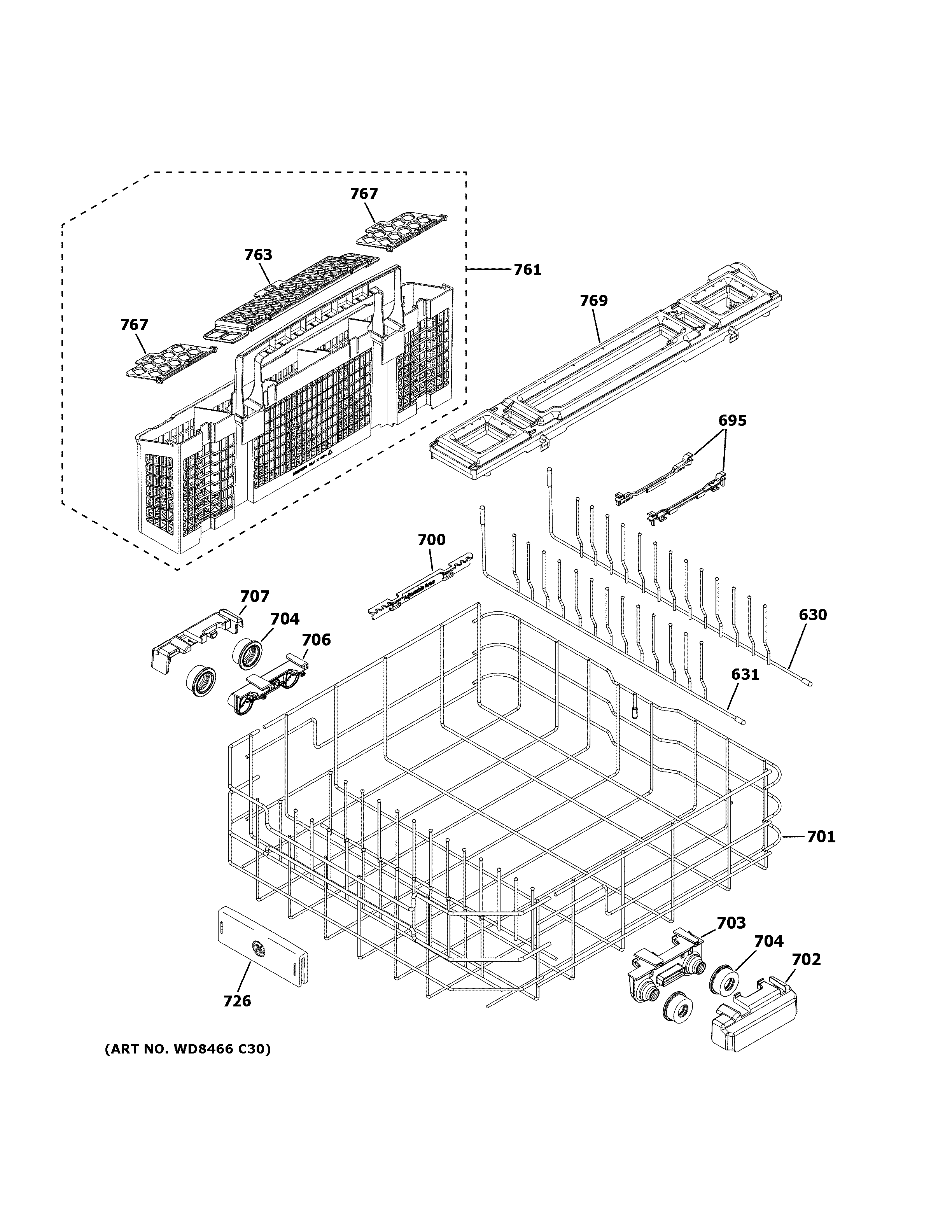 GE PDT775SBN2TS lower rack assembly diagram