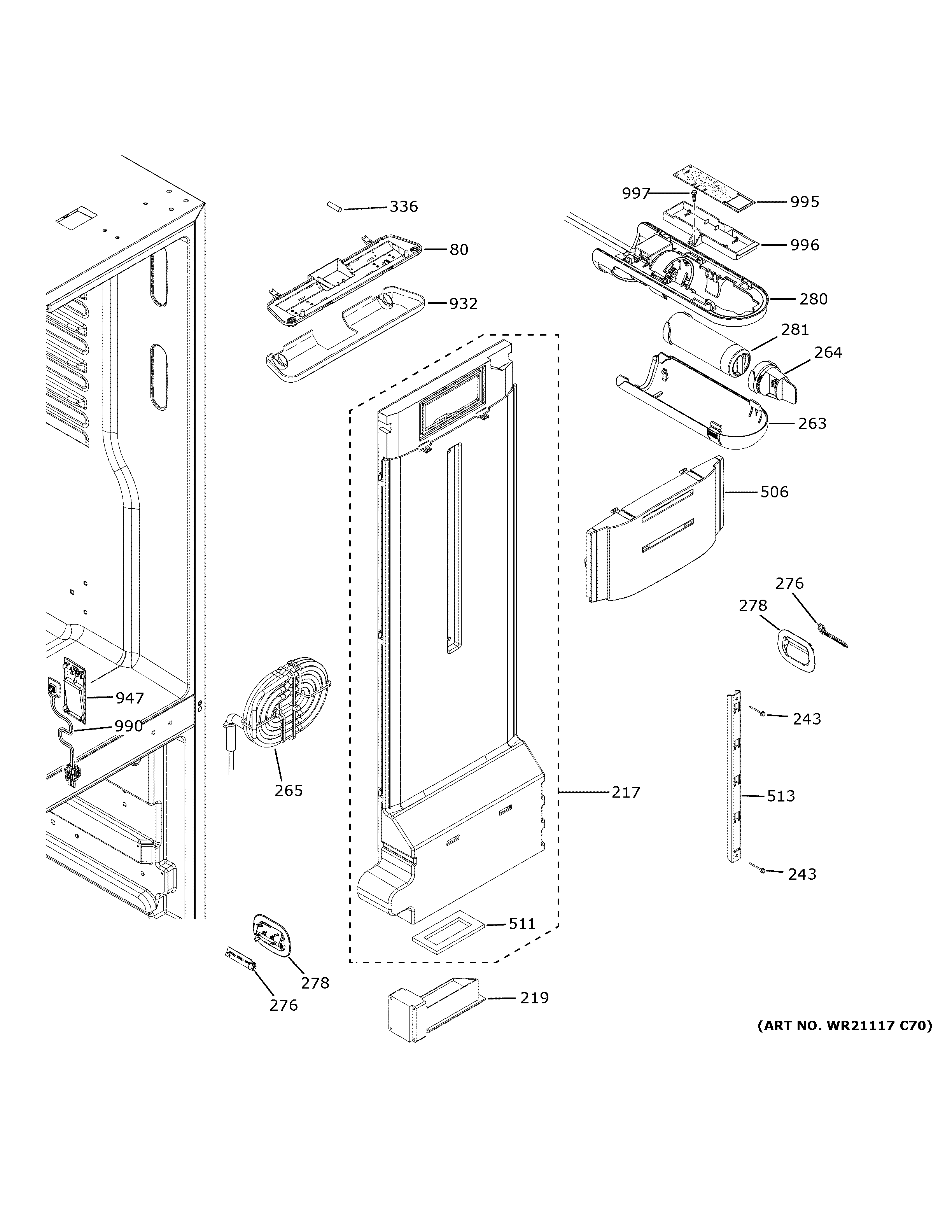 GE GWE19JGLTFWW fresh food section diagram