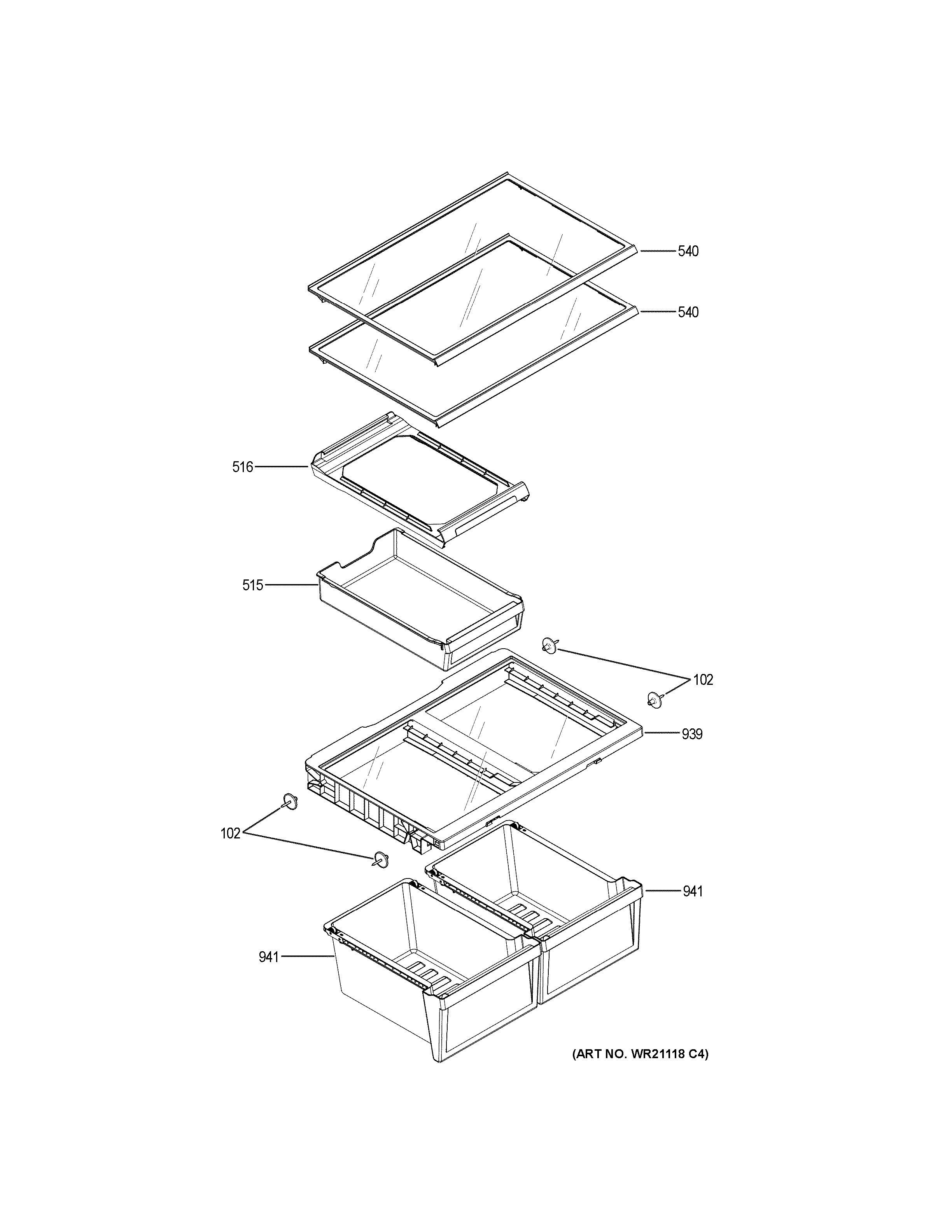 GE GDE25EYKERFS fresh food shelves diagram
