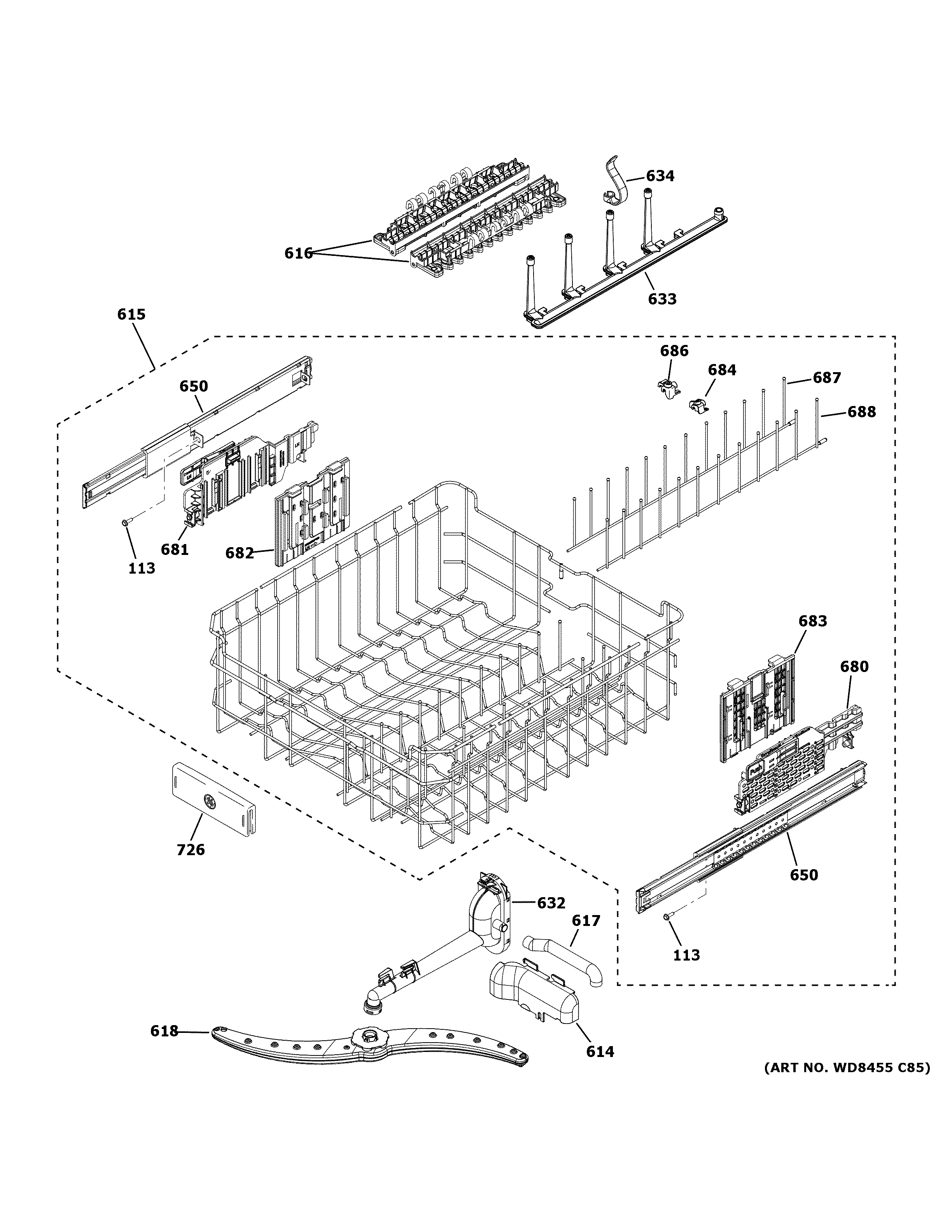 GE PDT775SBN5TS upper rack assembly diagram