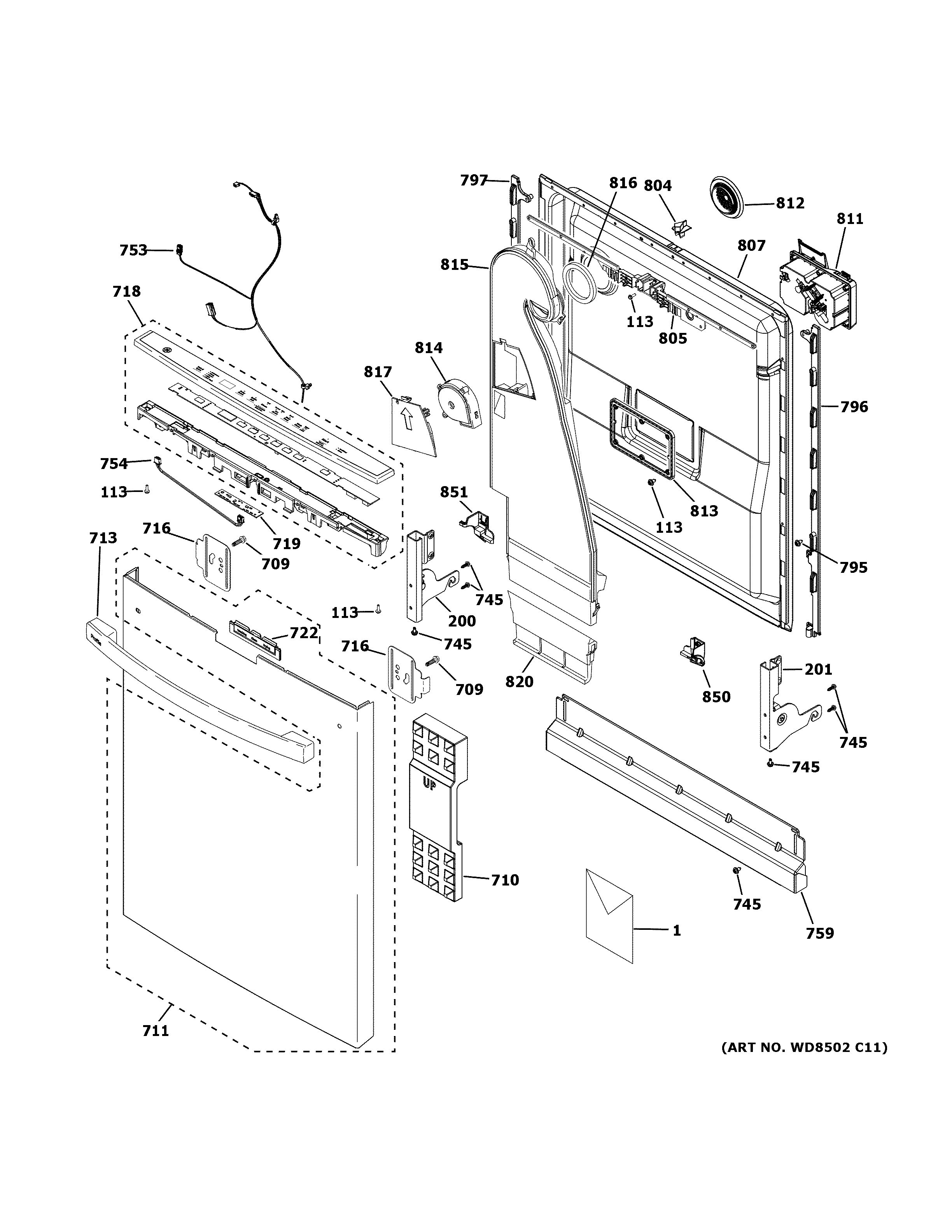 GE PDT775SBN6TS escutcheon & door assembly diagram