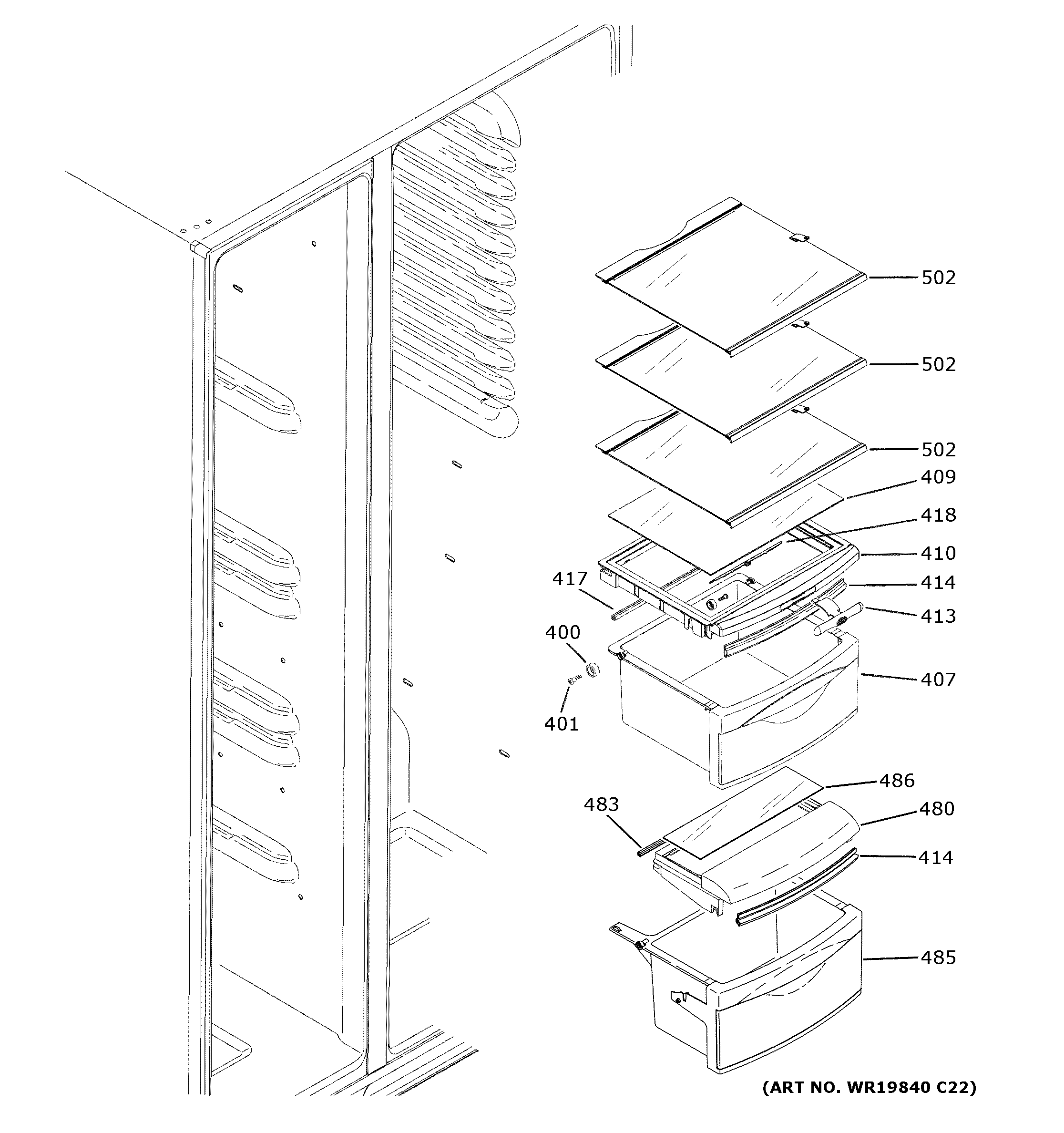 GE GSE23GGPECWW fresh food shelves diagram