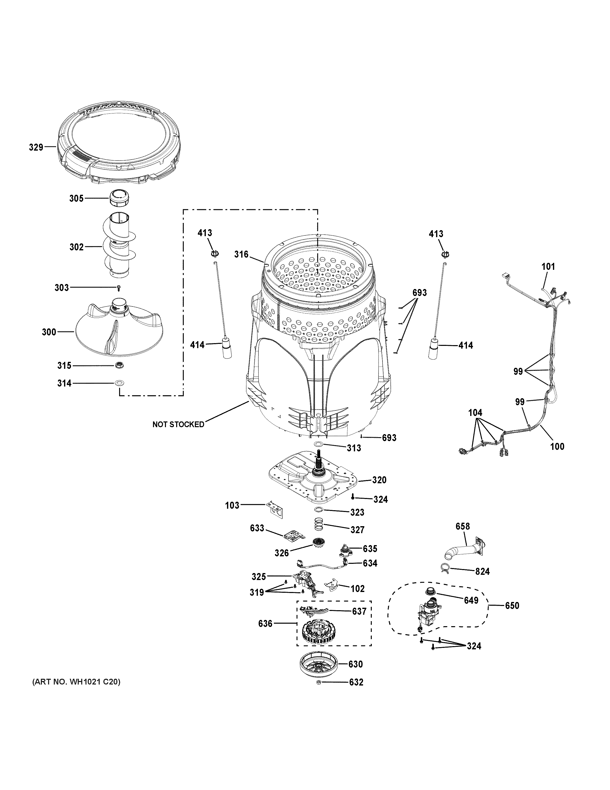GE PTW705BST0RS tub & motor diagram