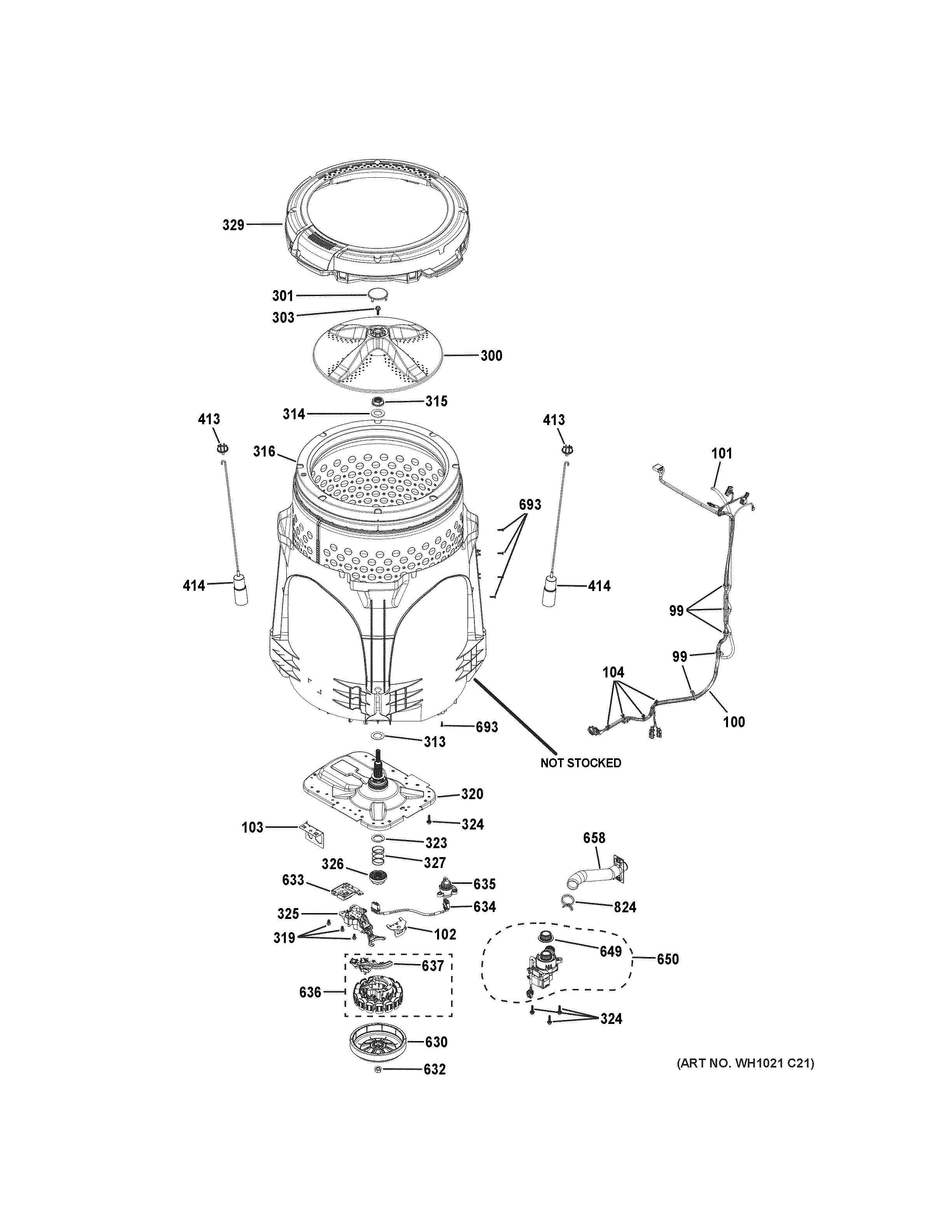 GE PTW700BST0RS tub & motor diagram