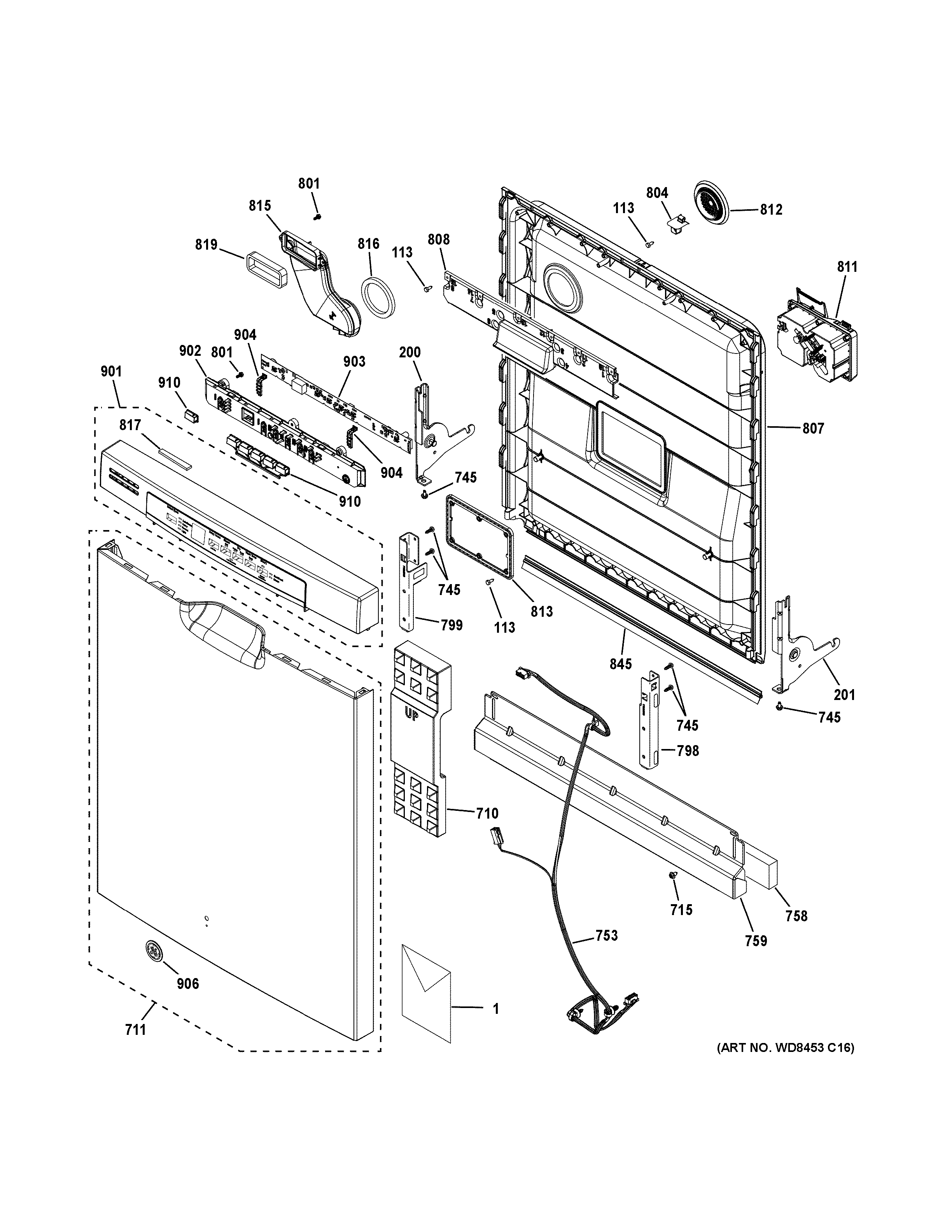GE GDF530PGM0BB escutcheon & door assembly diagram