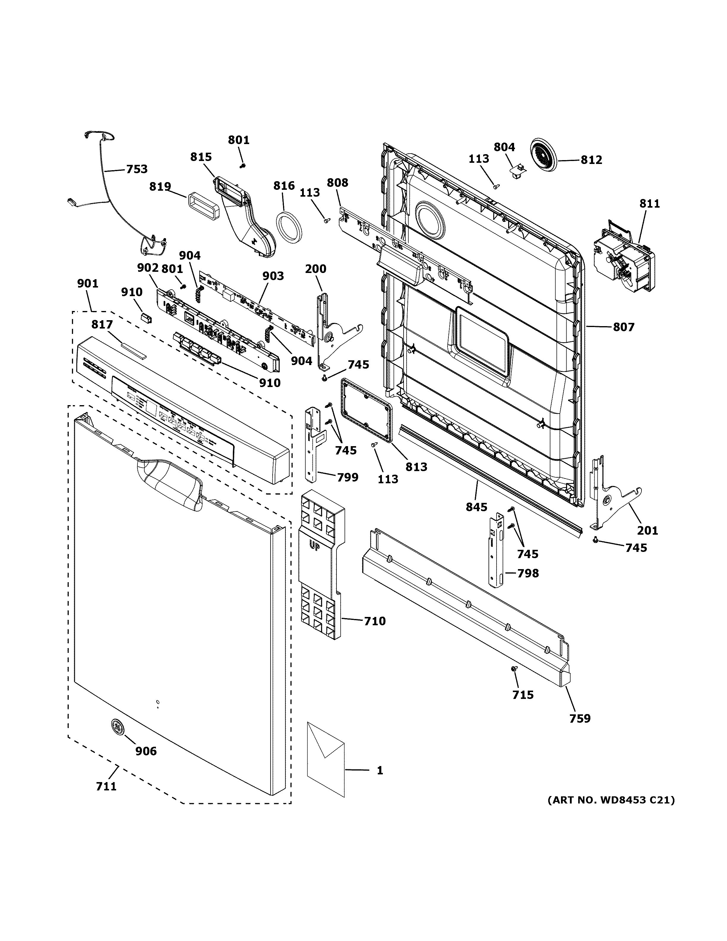 GE GDF530PMM5ES escutcheon & door assembly diagram