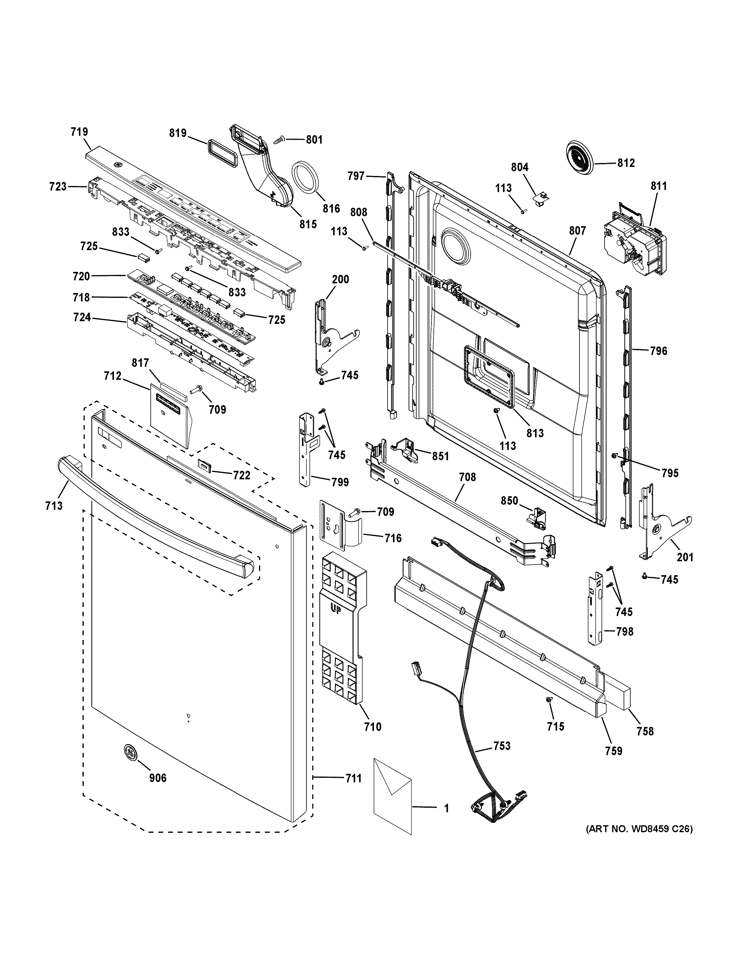 GE GDT635HMM0ES escutcheon & door assembly diagram