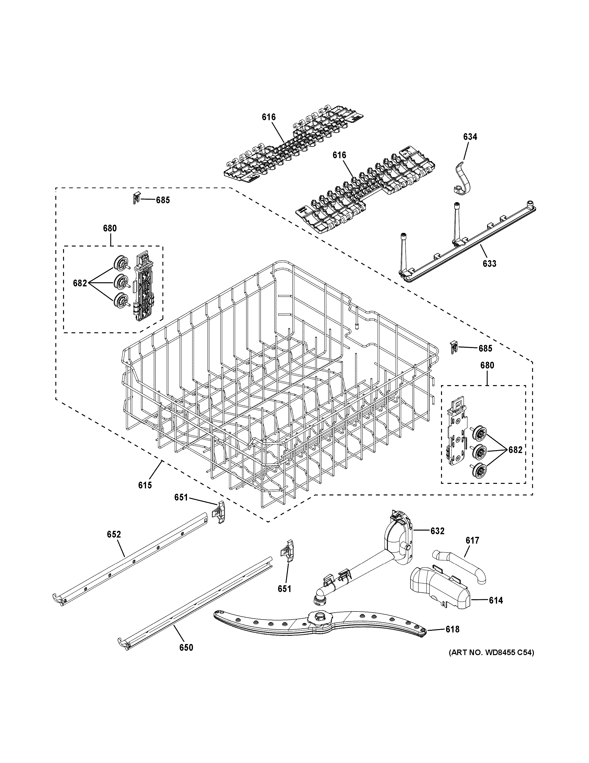 GE GDT635HMM0ES upper rack assembly diagram