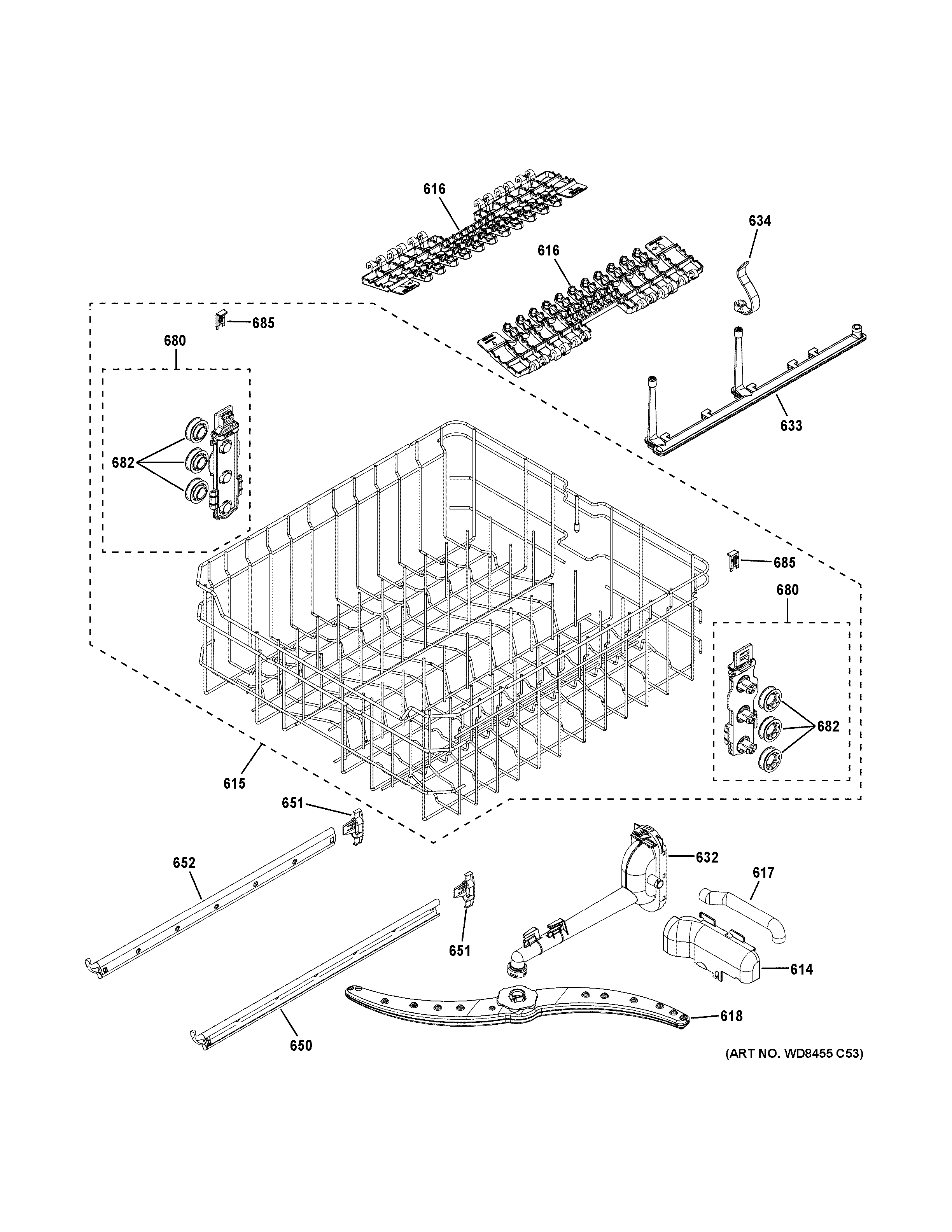 GE GDT605PFM0DS upper rack assembly diagram
