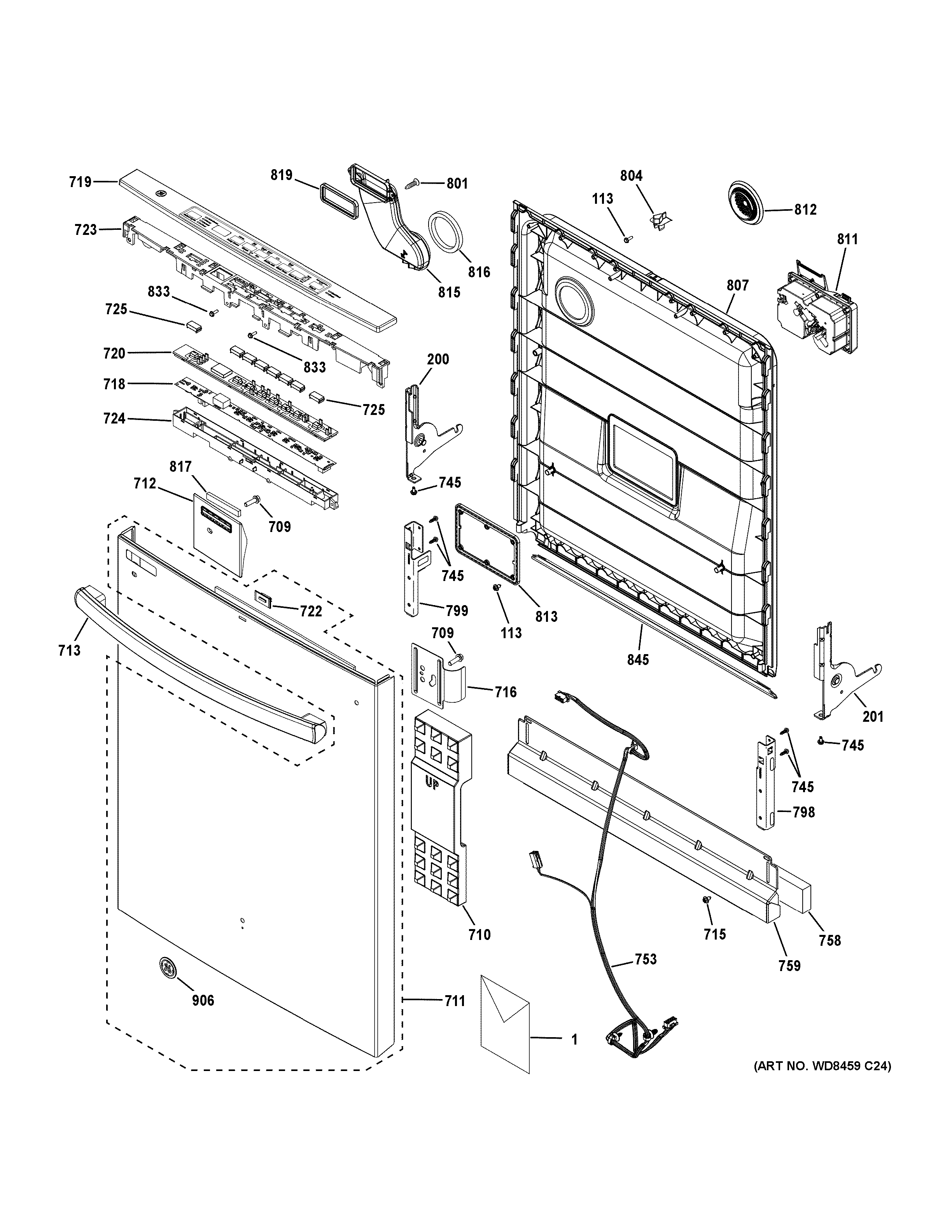 GE GDT605PGM0WW escutcheon & door assembly diagram