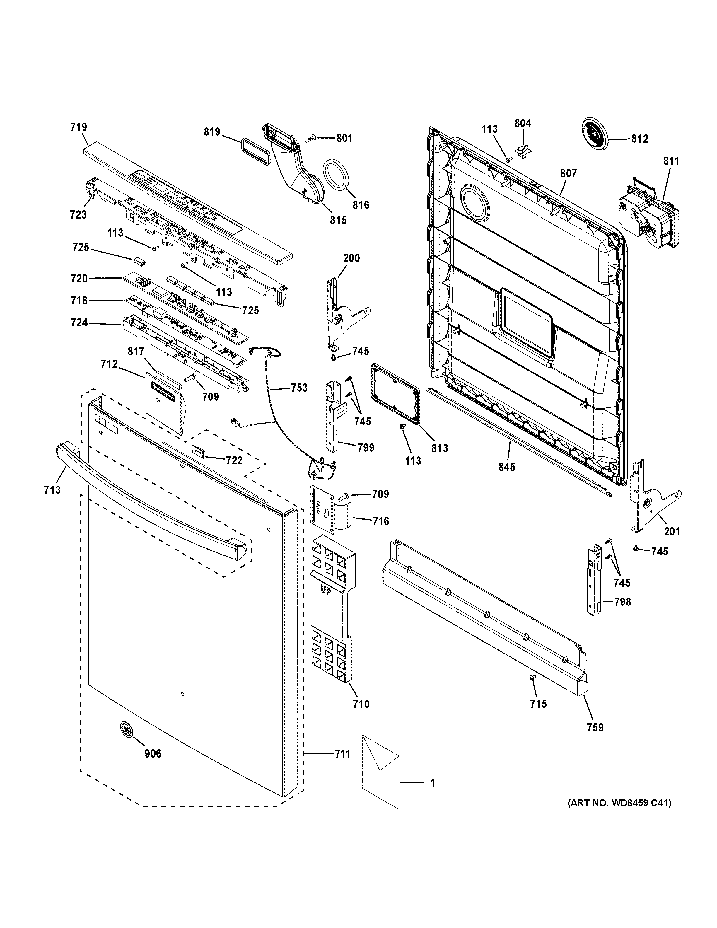 GE GDT530PMP5ES escutcheon & door assembly diagram