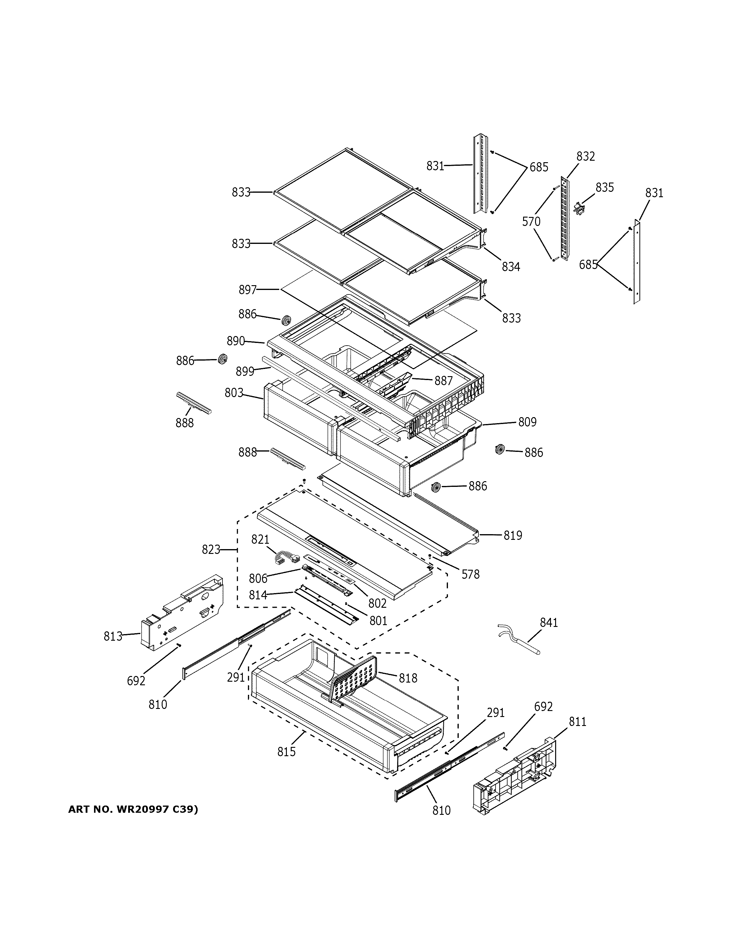 GE CFE28UP2MJS1 fresh food shelves diagram