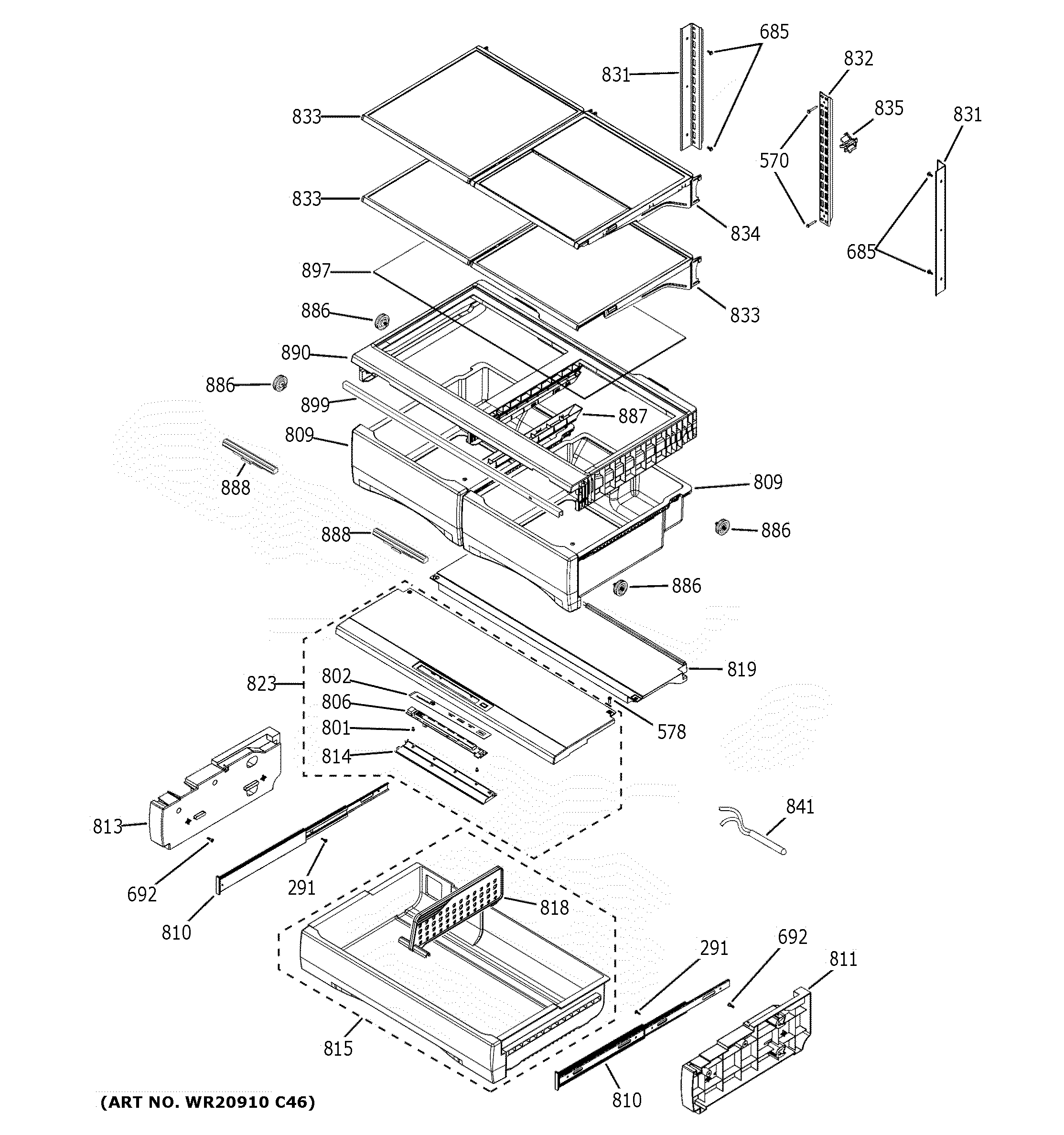 GE CYE22TP4MJW2 fresh food shelves diagram