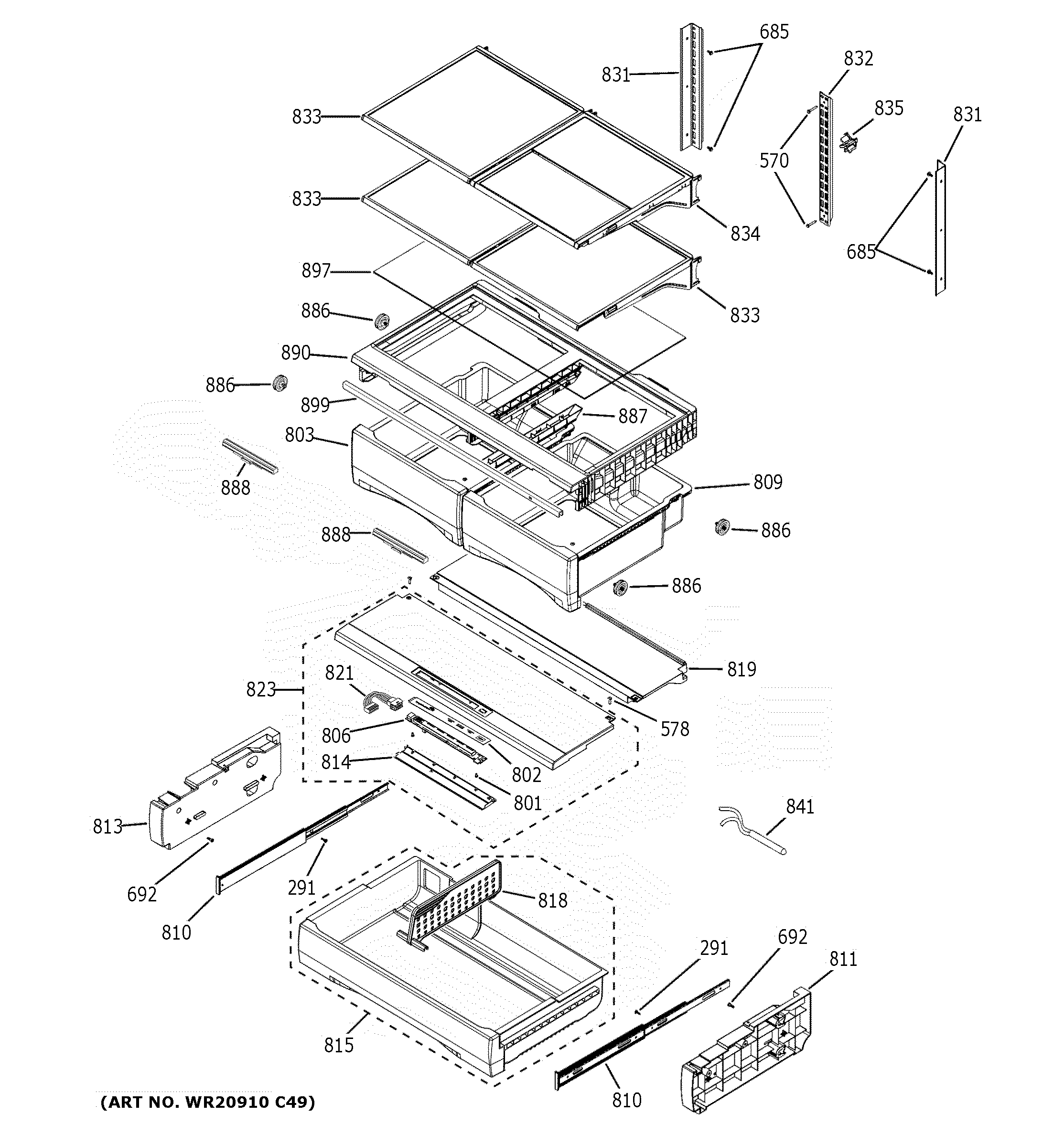 GE PFE28KBLPTS fresh food shelves diagram
