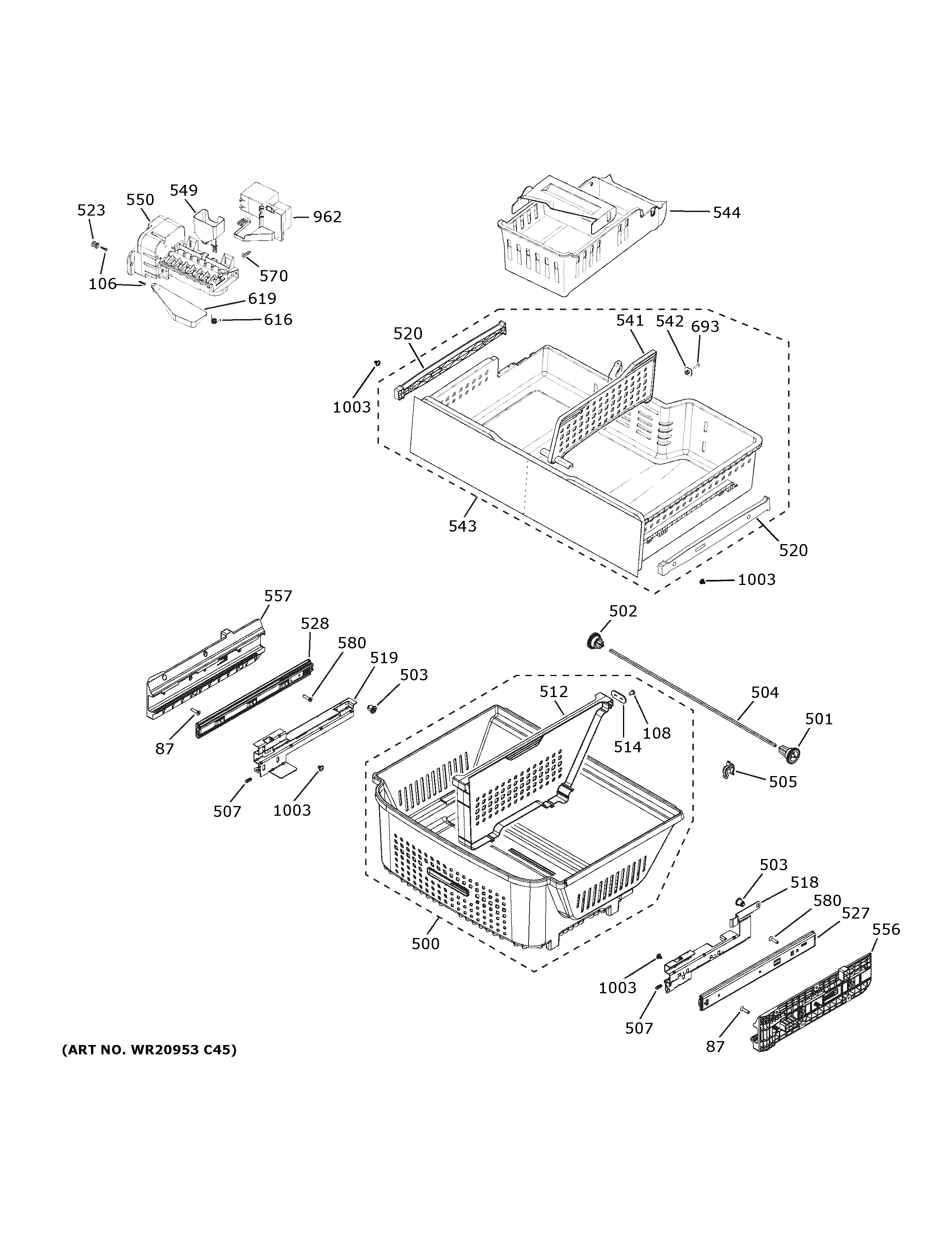 GE ZWE23ESNHSS freezer shelves diagram