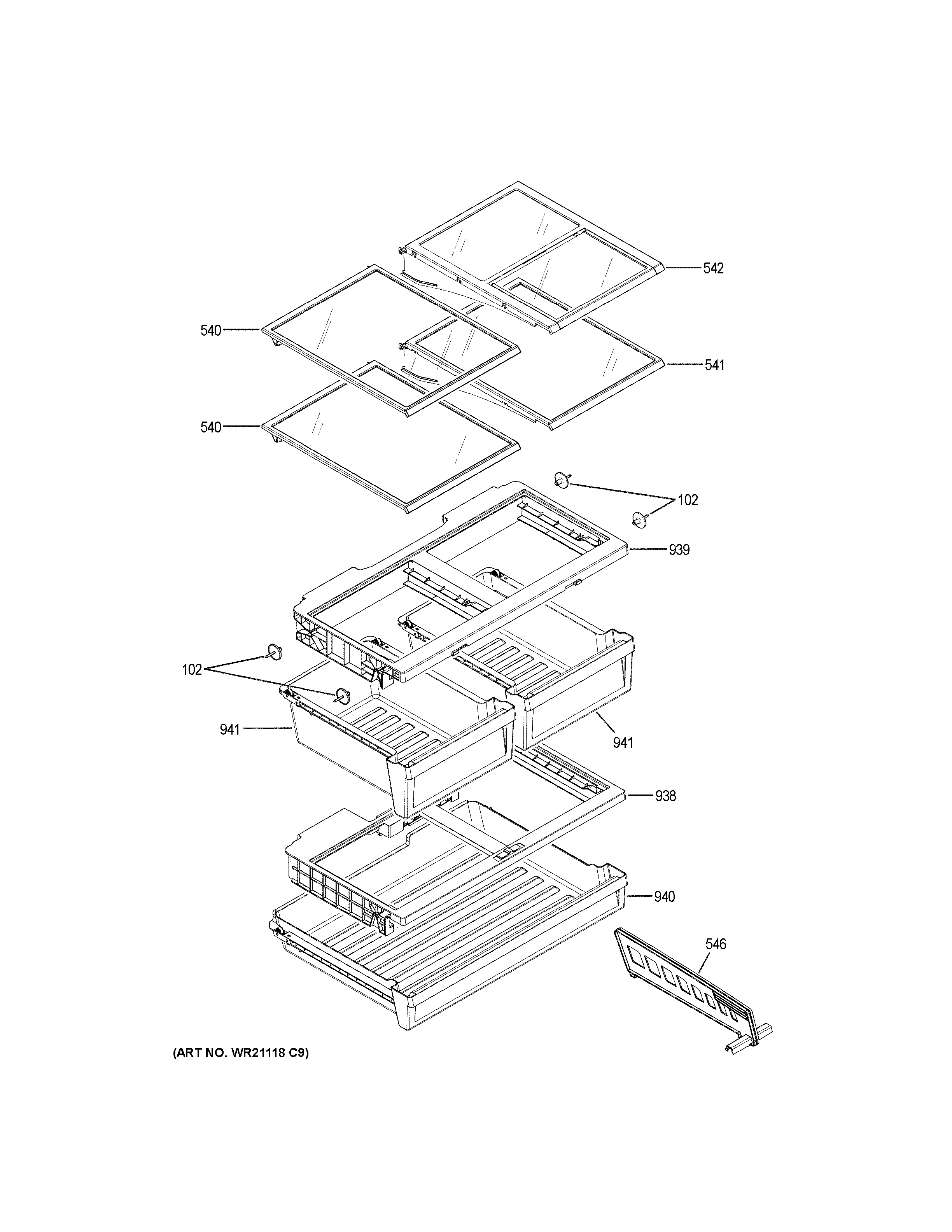 GE CWE19SP4NTW2 fresh food shelves diagram