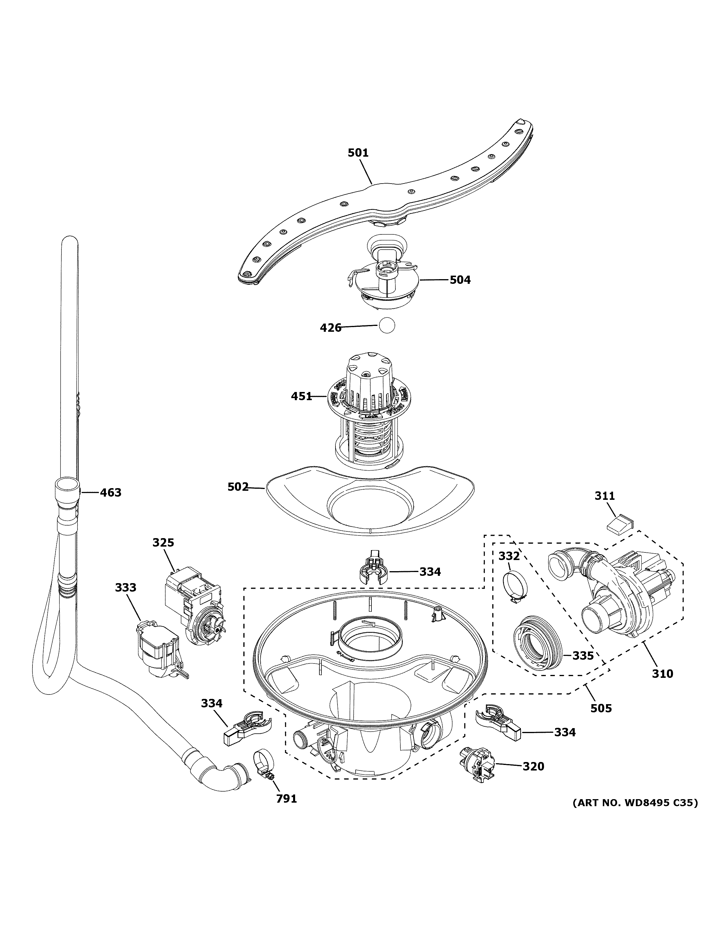 GE GDF510PSR0SS motor, sump & filter assembly diagram