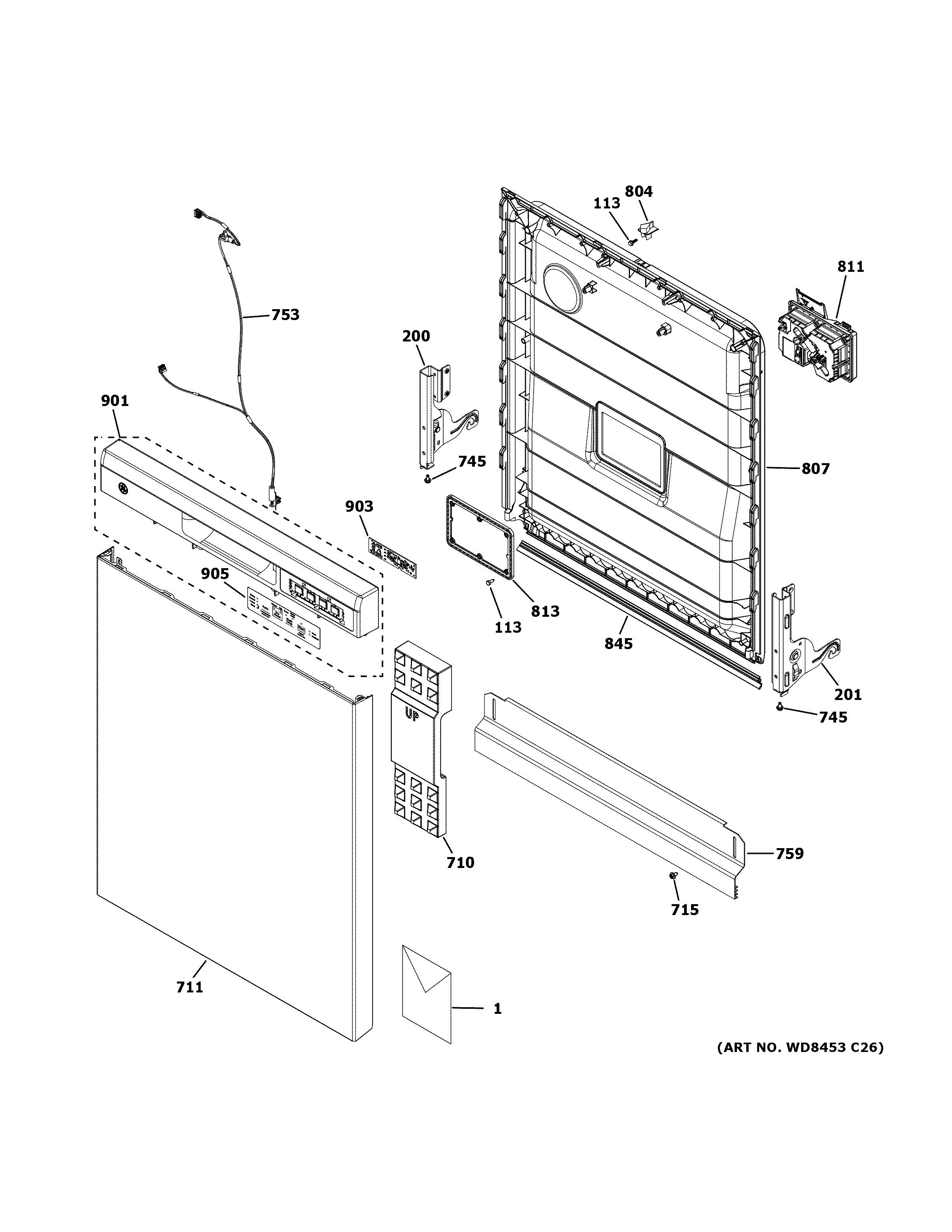 GE GDF535PGR0CC escutcheon & door assembly diagram