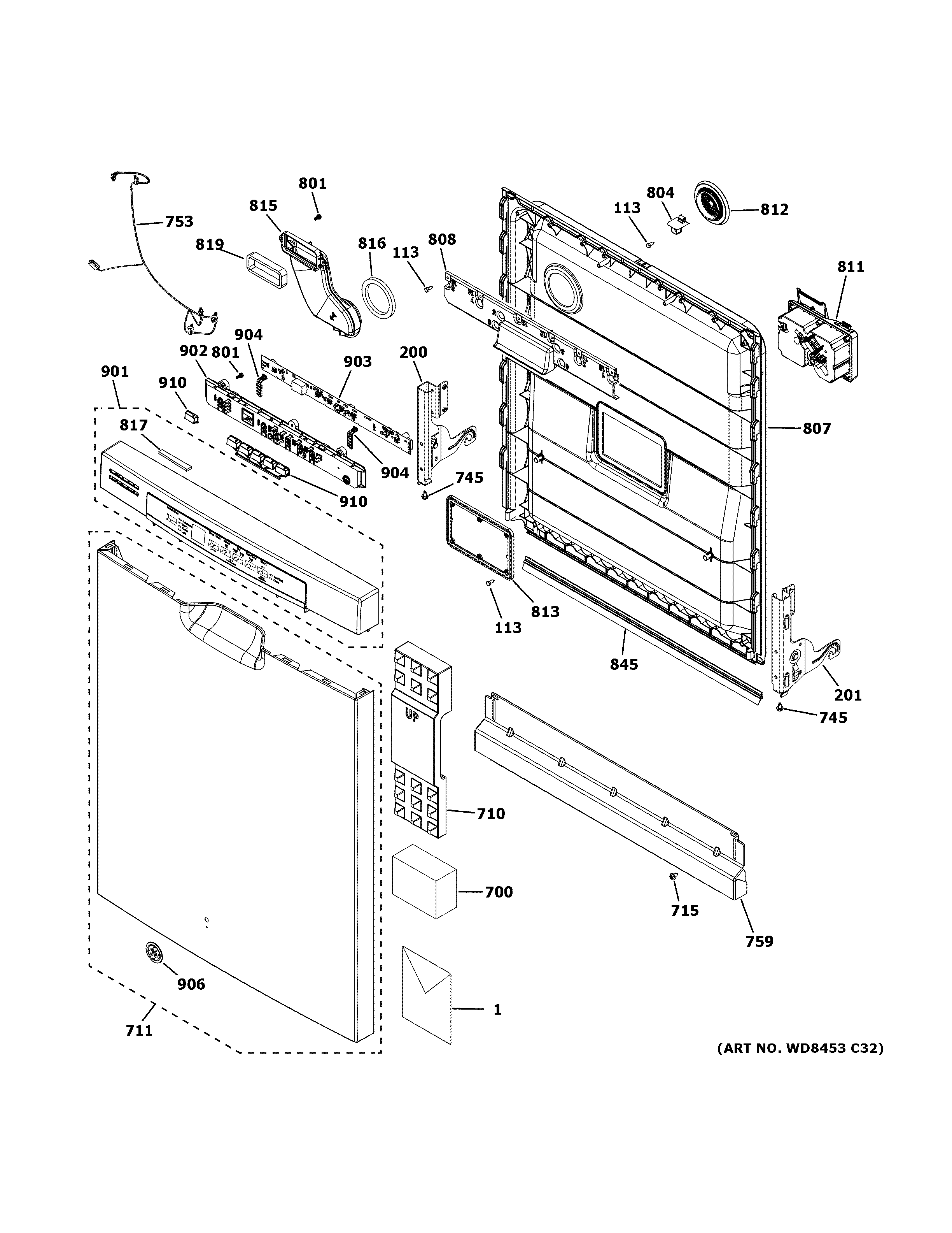 GE GDF530PSM6SS escutcheon & door assembly diagram