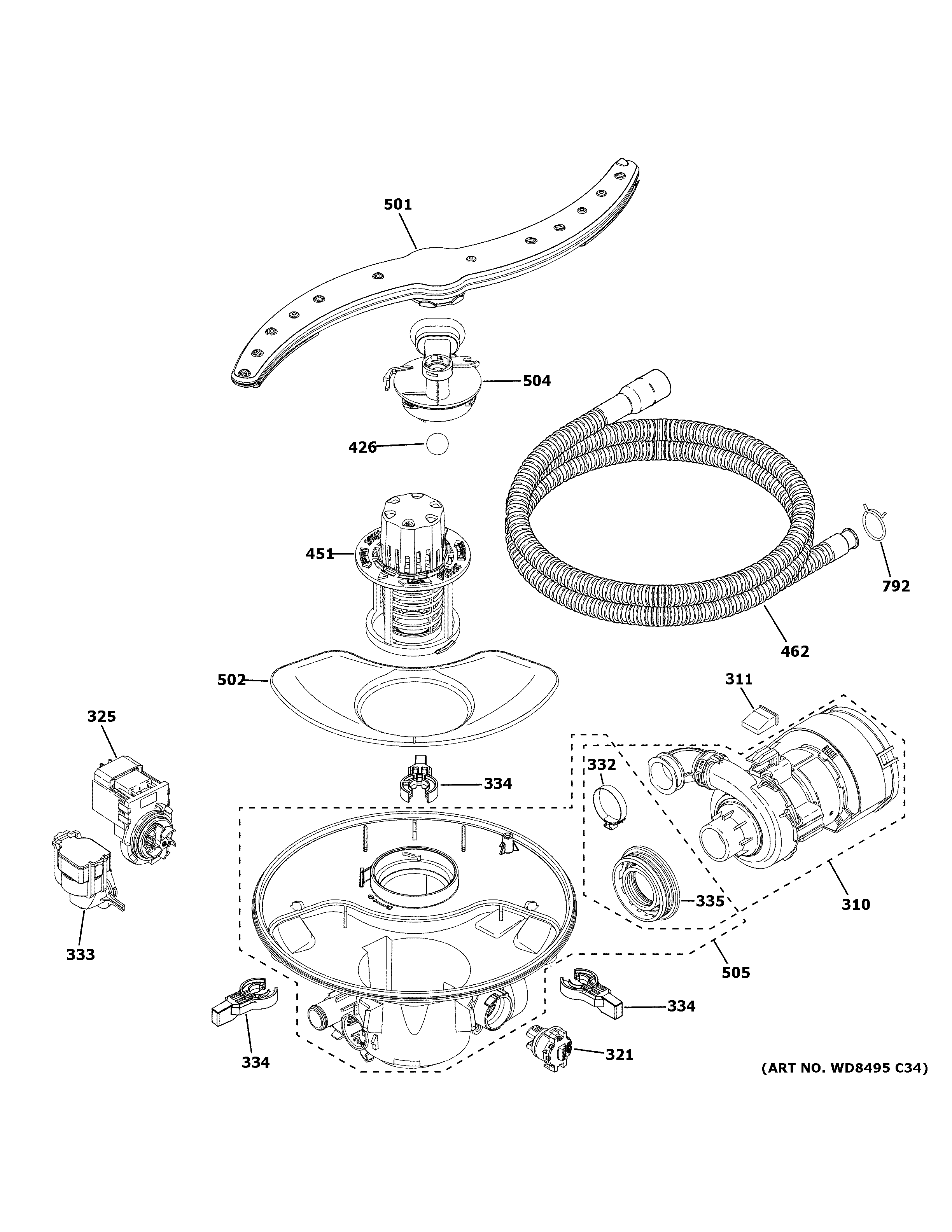 GE GDF530PSM6SS motor, sump & filter assembly diagram