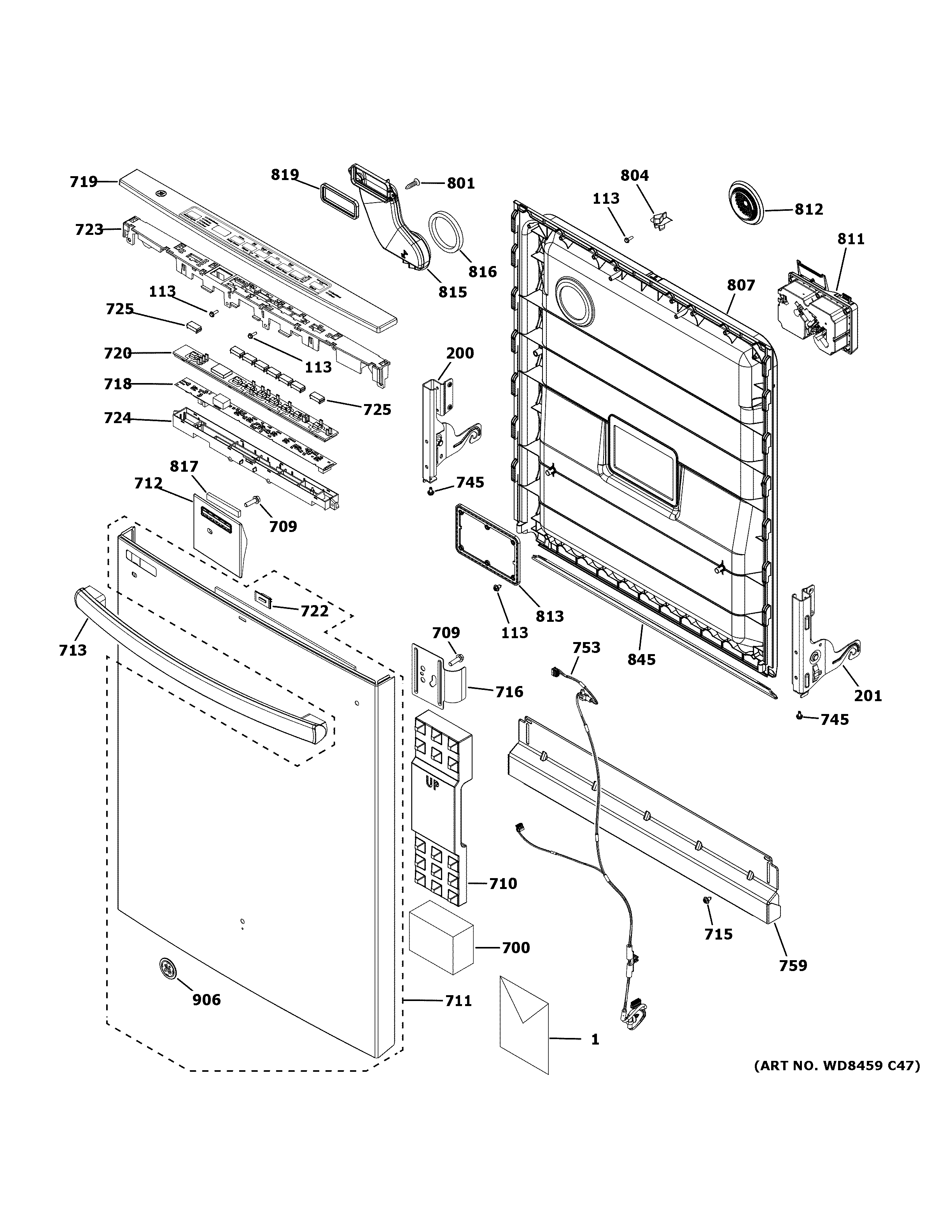 GE GDT605PSM6SS escutcheon & door assembly diagram