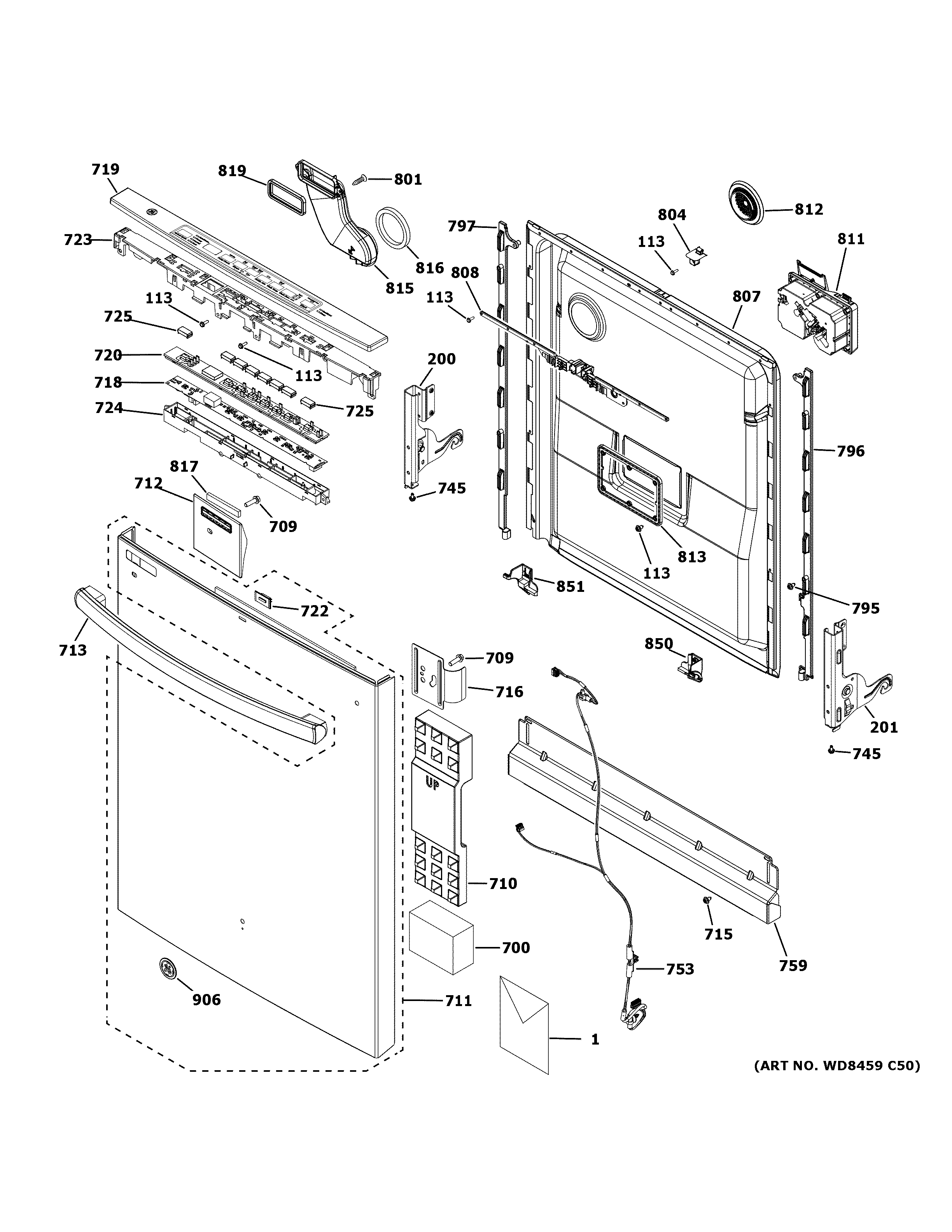 GE GDT635HSM6SS escutcheon & door assembly diagram