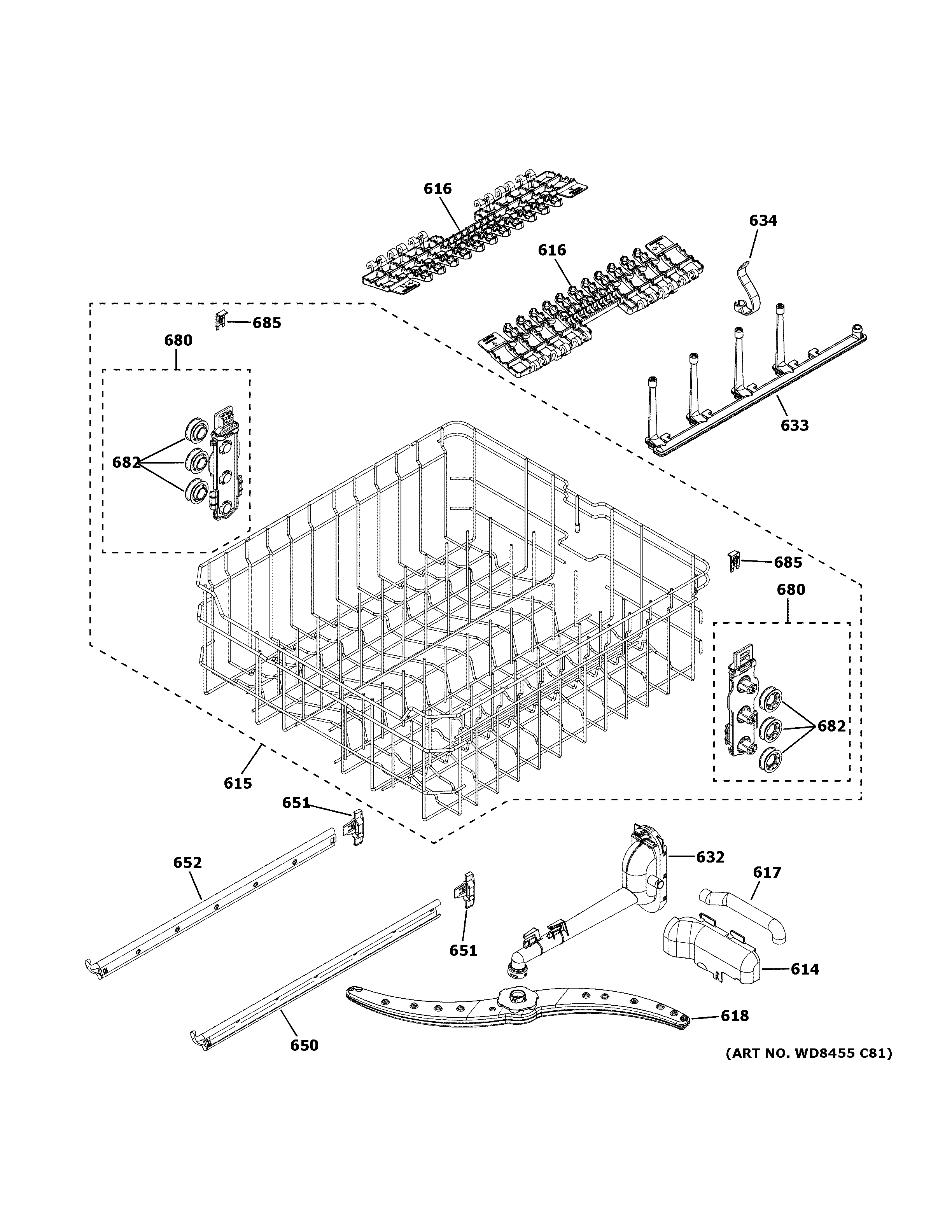 GE GDT635HSM6SS upper rack assembly diagram