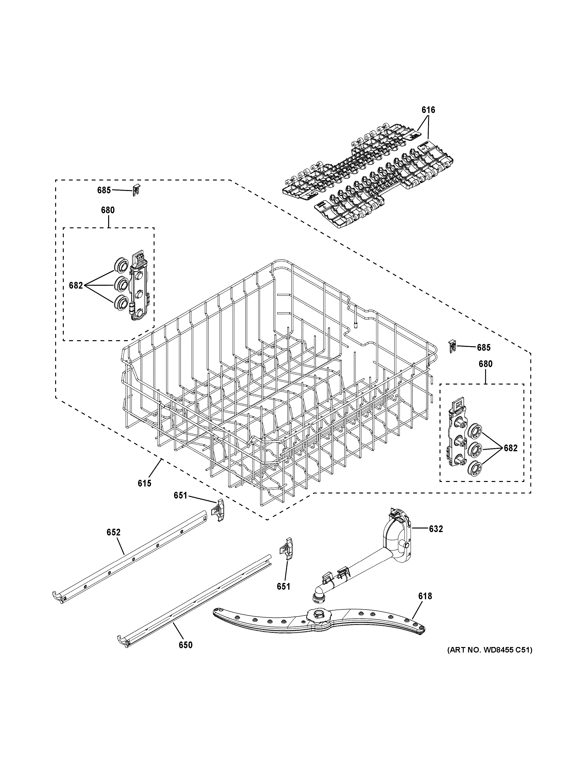 GE GDF530PMM6ES upper rack assembly diagram