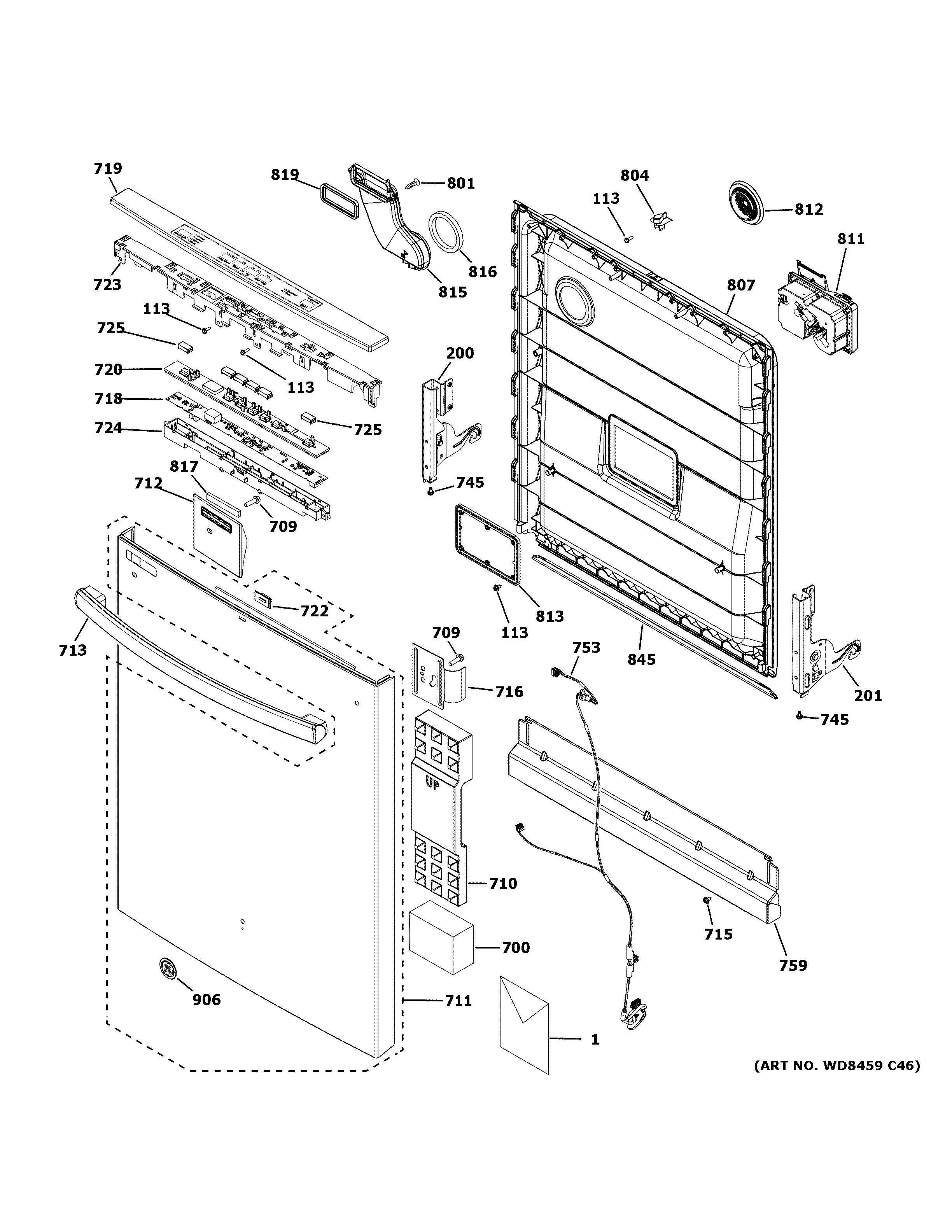 GE GDT535PSMBSS escutcheon & door assembly diagram