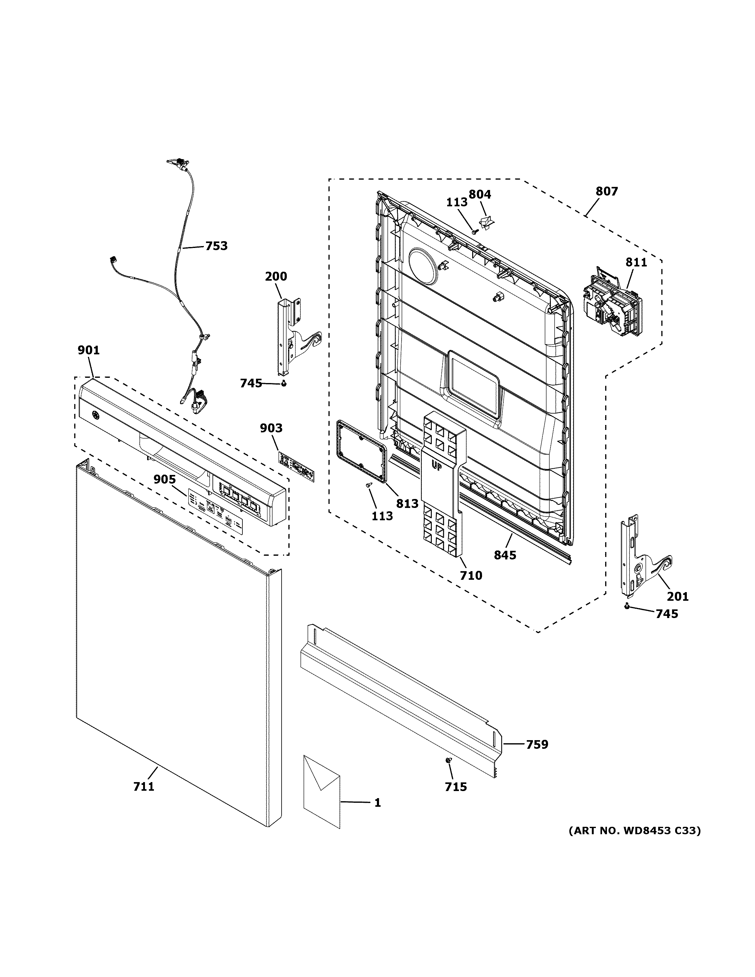 GE GDF550PGR3WW escutcheon & door assembly diagram