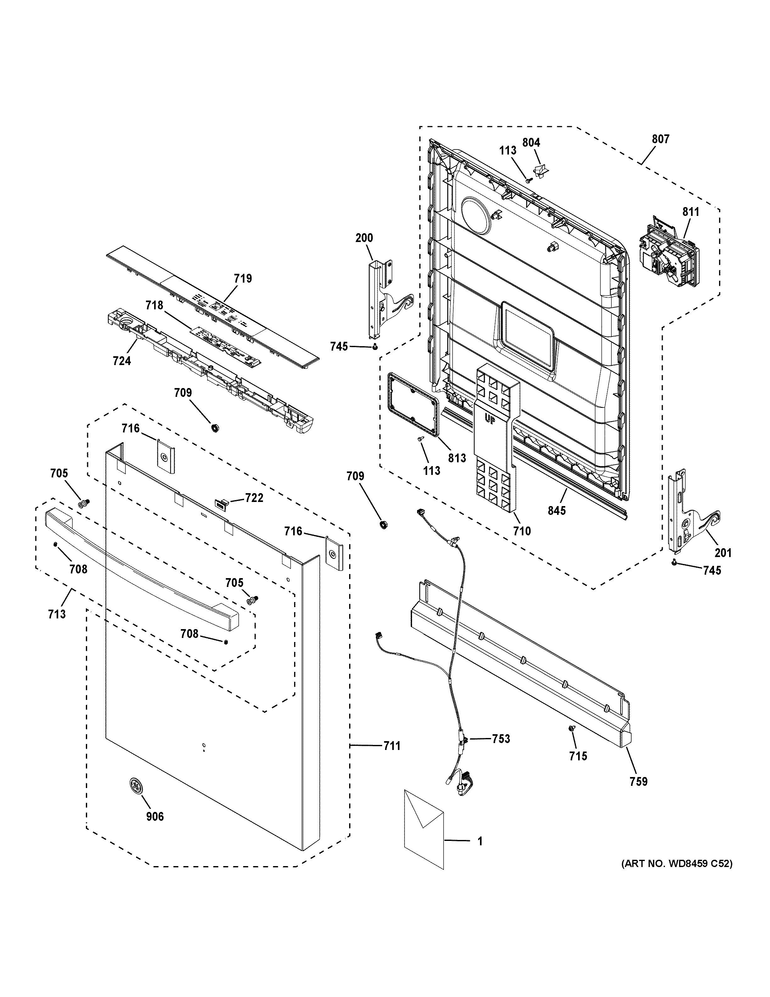 GE GDT550PYR3FS escutcheon & door assembly diagram