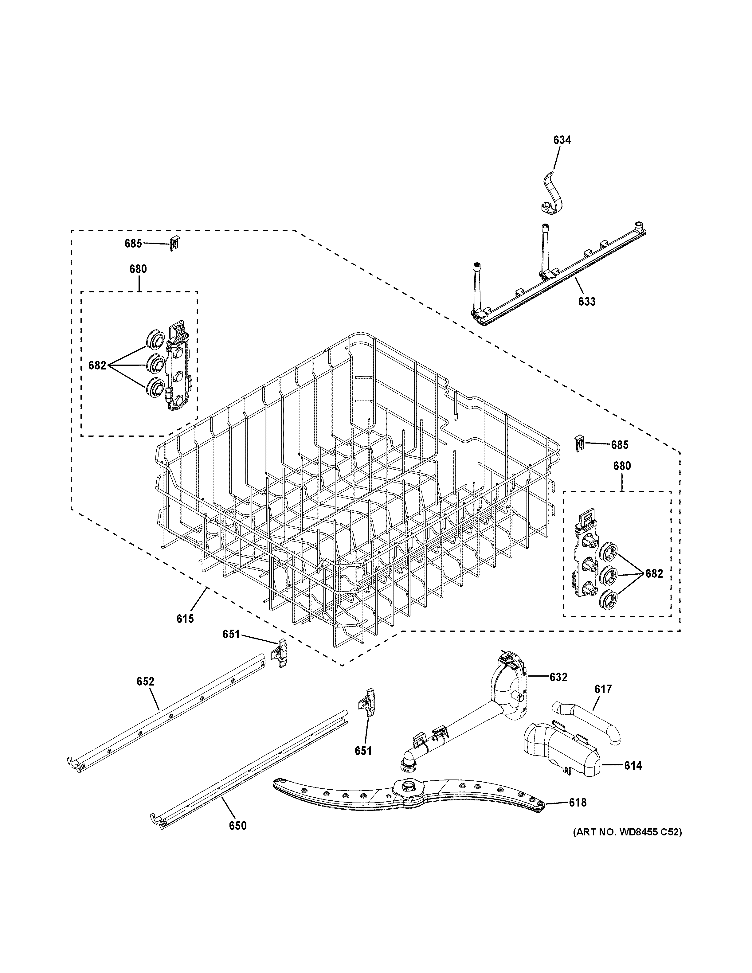 GE GDF640HFM0DS upper rack assembly diagram