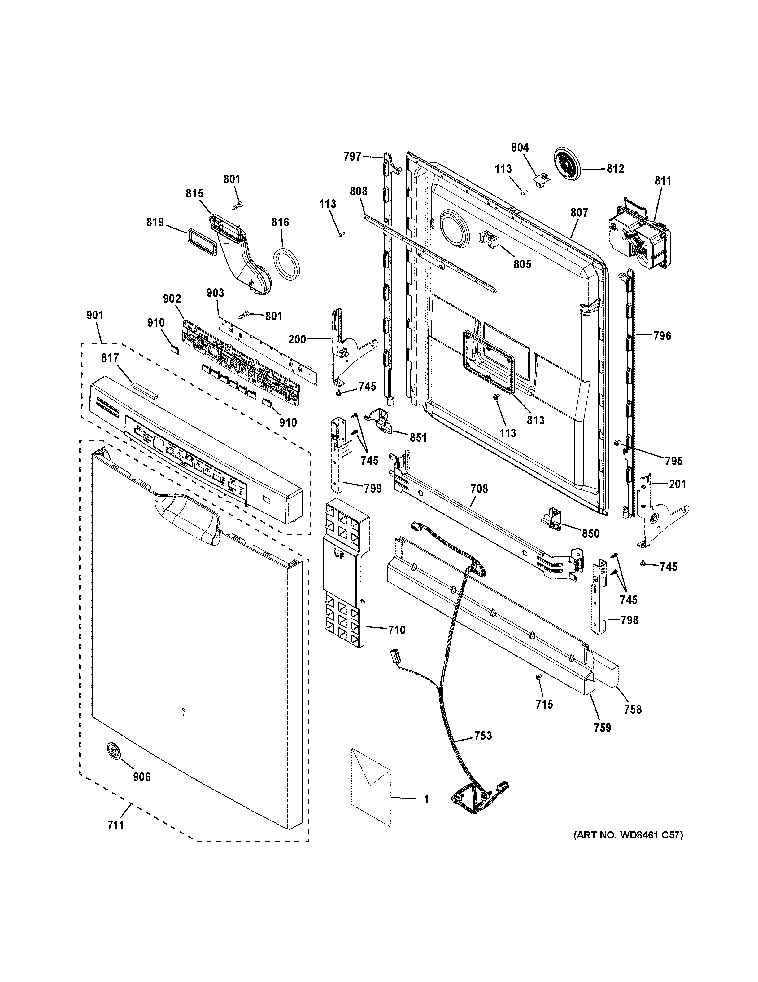 GE GDF640HSM2SS escutcheon & door assembly diagram
