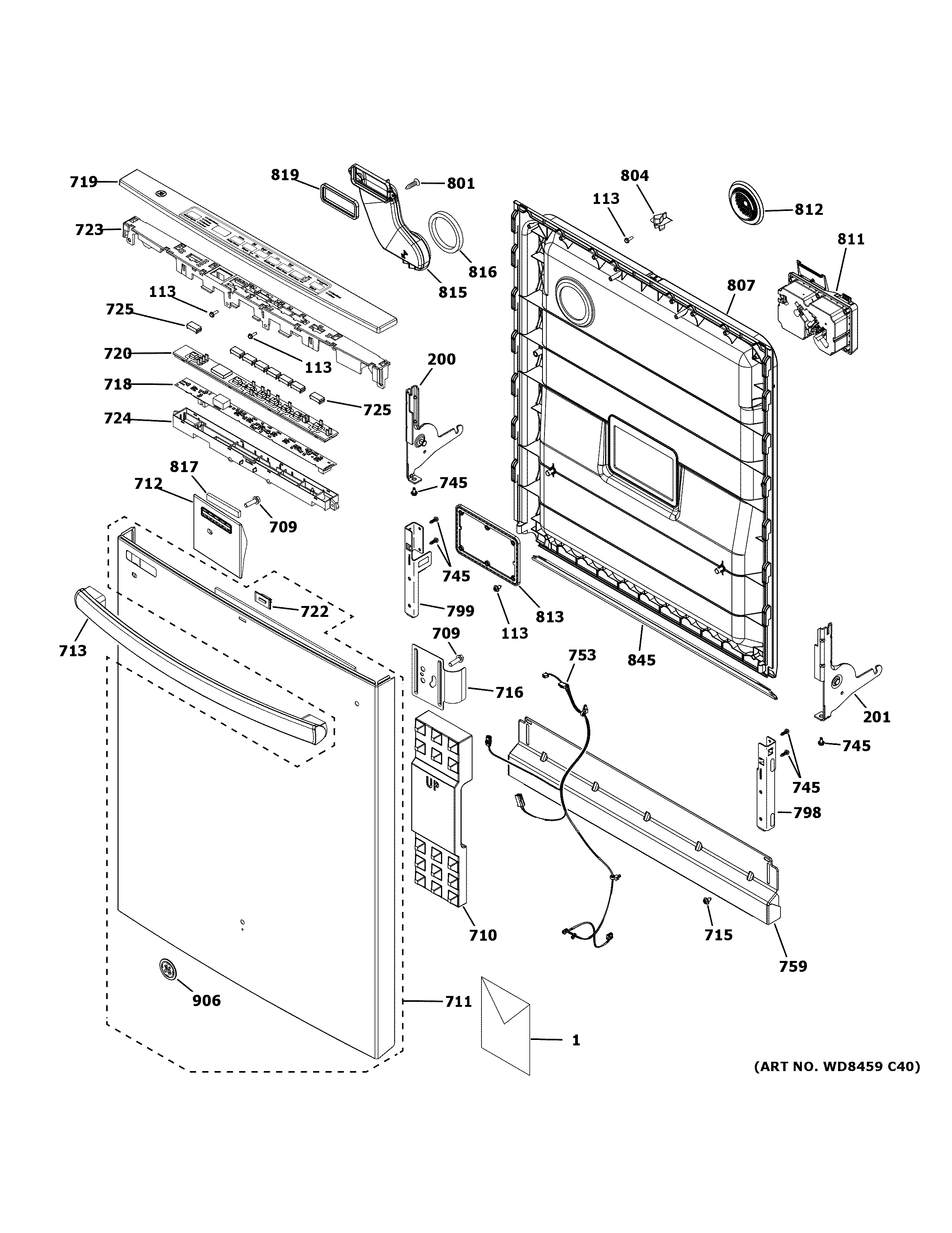 GE GDT630PFM4DS escutcheon & door assembly diagram