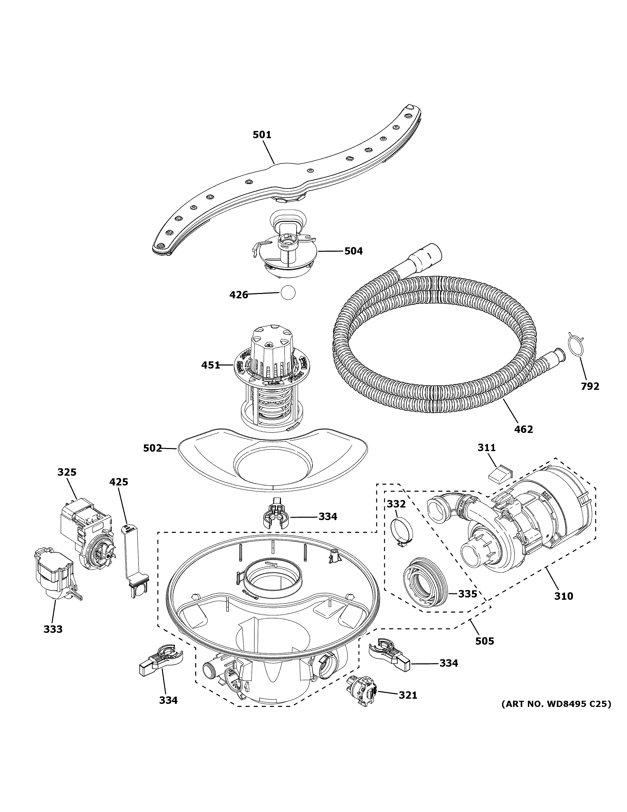 GE GDT630PGM4WW motor, sump & filter assembly diagram
