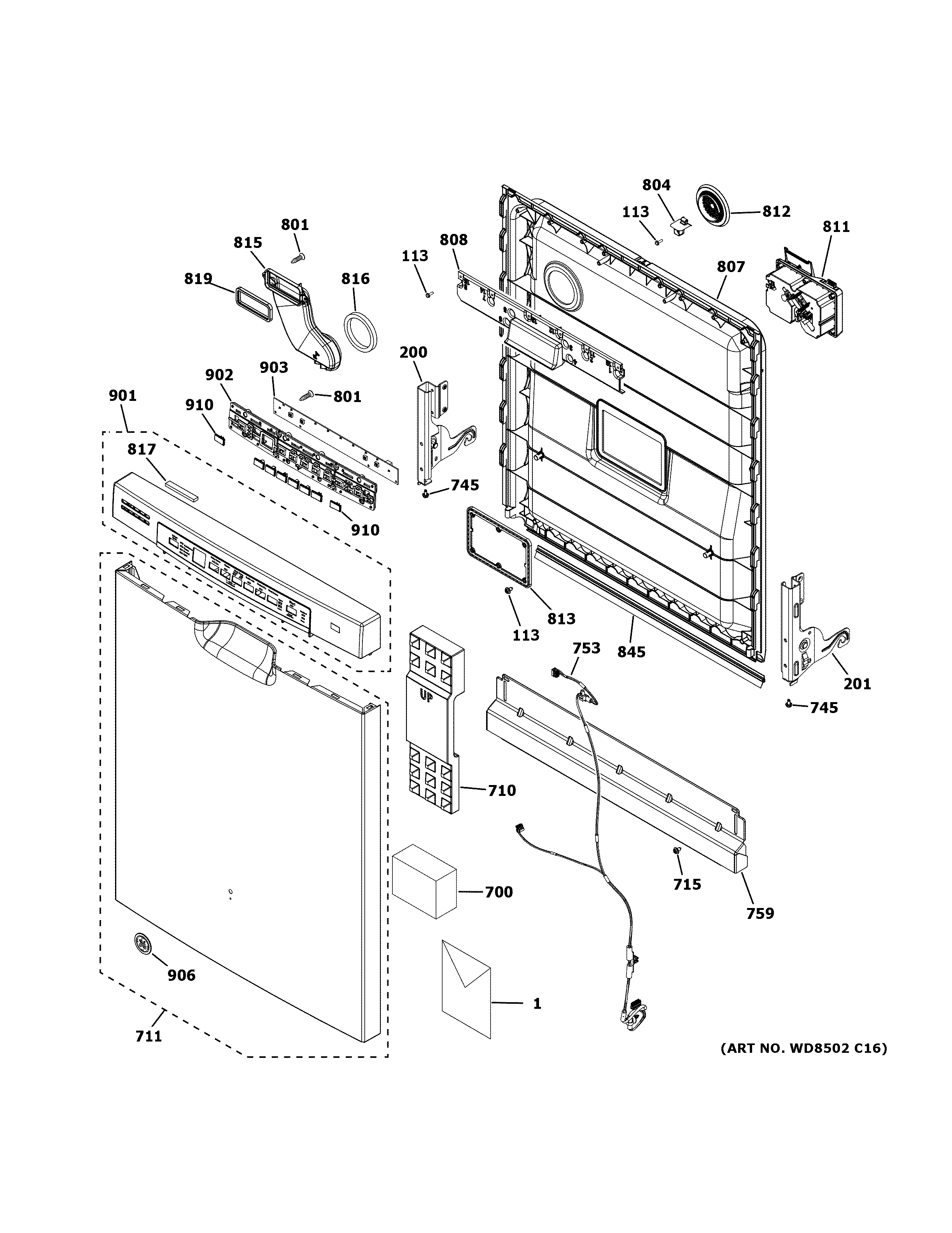 GE GDF630PFM6DS escutcheon & door assembly diagram