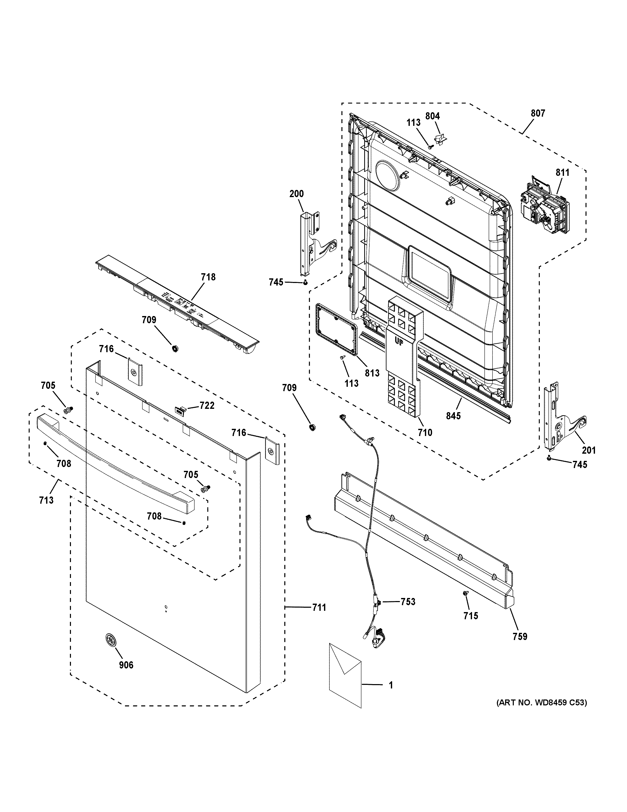 GE GDT630PFR0DS escutcheon & door assembly diagram