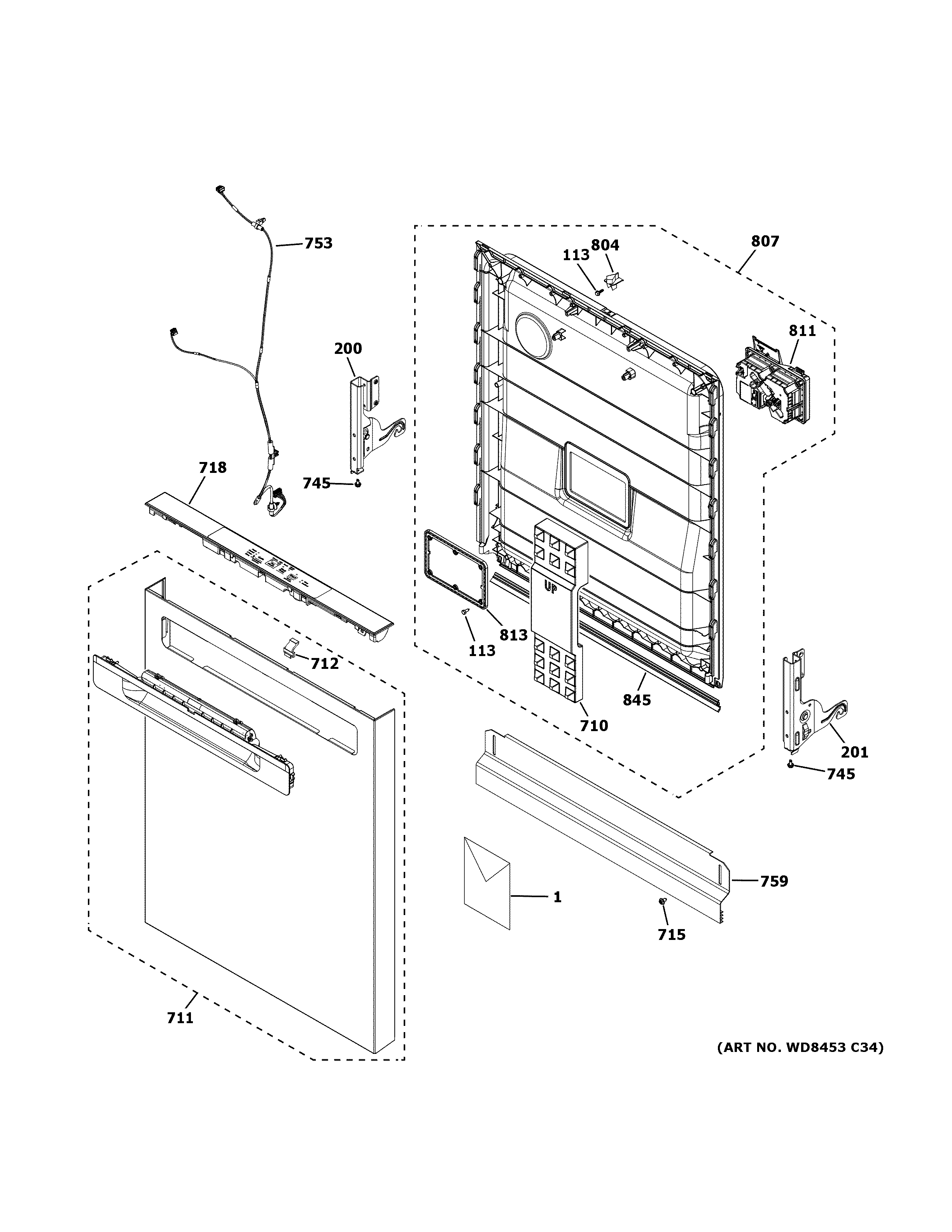 GE GDP630PGR3WW escutcheon & door assembly diagram