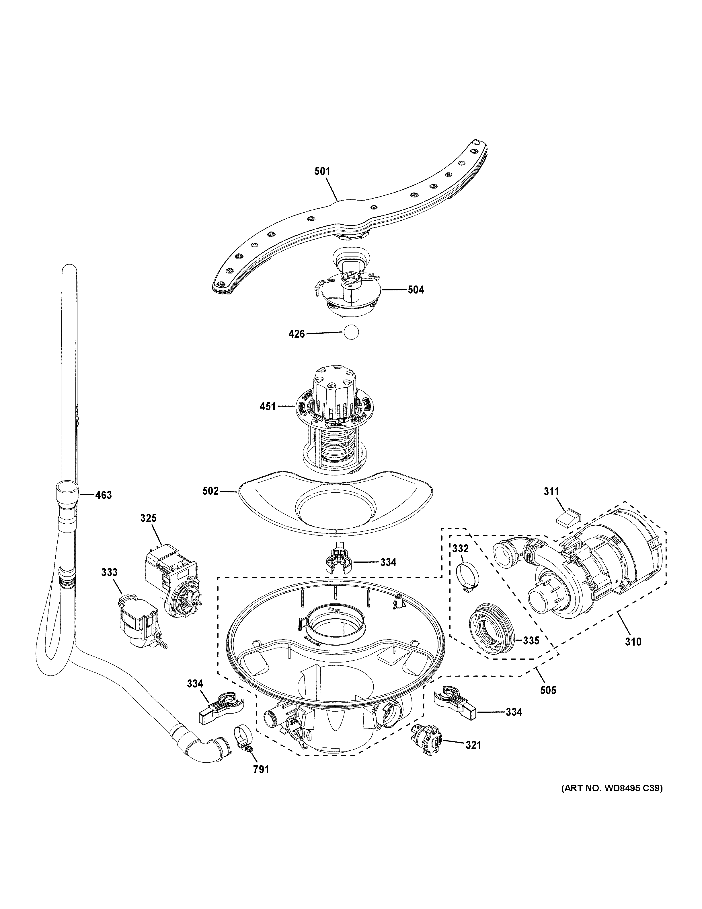 GE GDP630PGR3WW motor, sump & filter assembly diagram