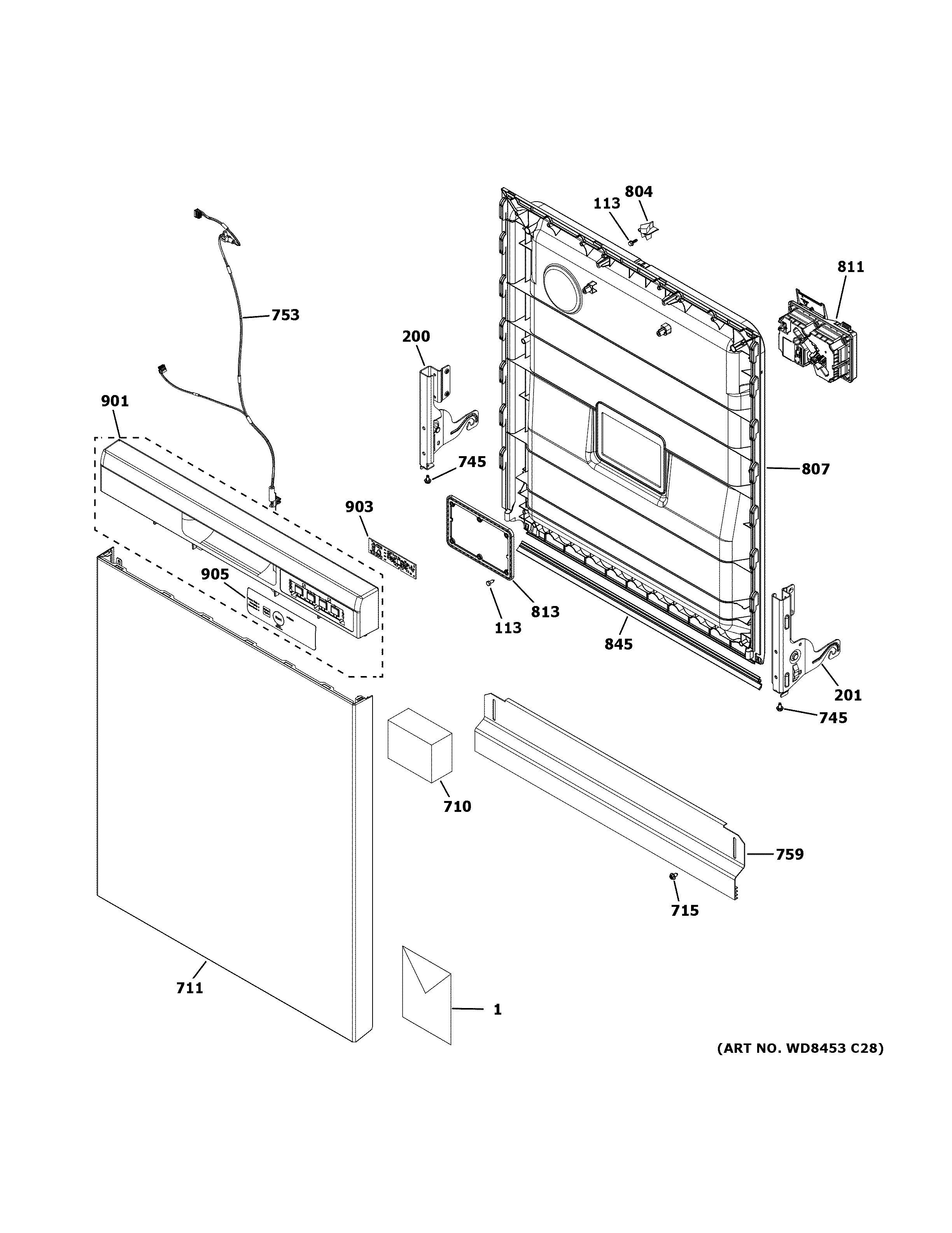 Hotpoint HDF330PGR0WW escutcheon & door assembly diagram